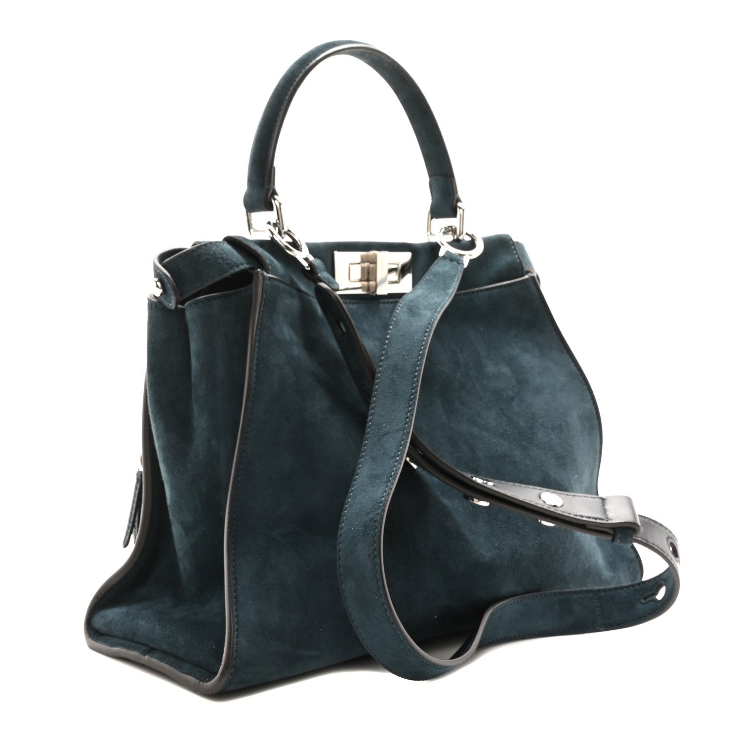 Fendi Chamois Karung Shiny Nappa Medium 3 Pocket Peekaboo Iconic Satchel Cobalto Petrolio 3 of 9