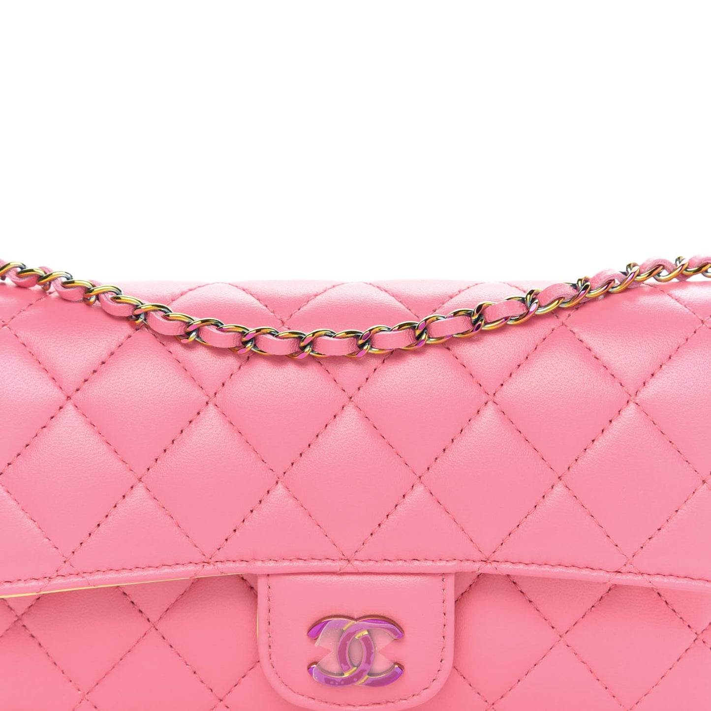 Lambskin Quilted Glasses Case With Chain Pink Yellow