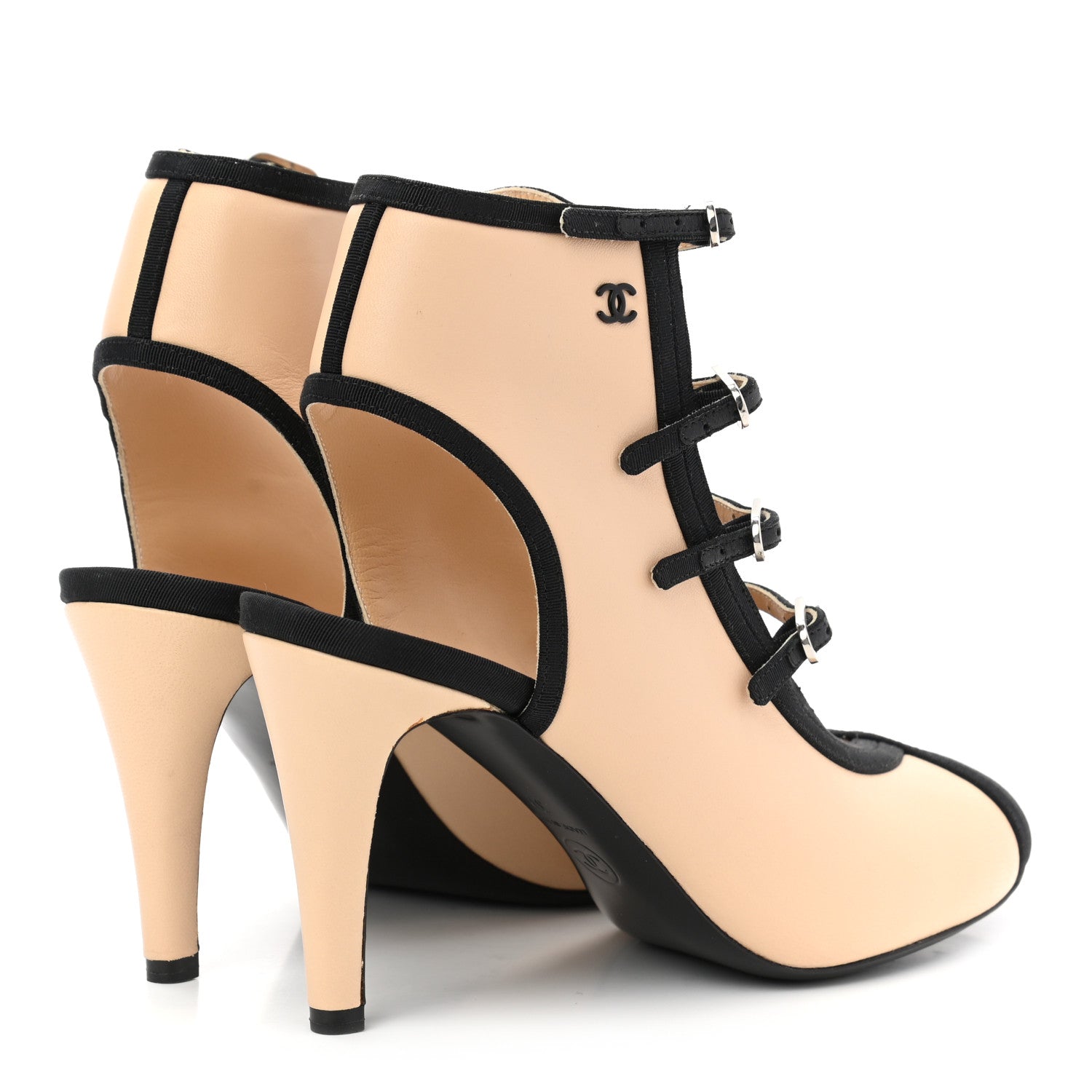 Chanel Lambskin Grosgrain Cap Toe Pumps 37 Beige Black 4 of 8