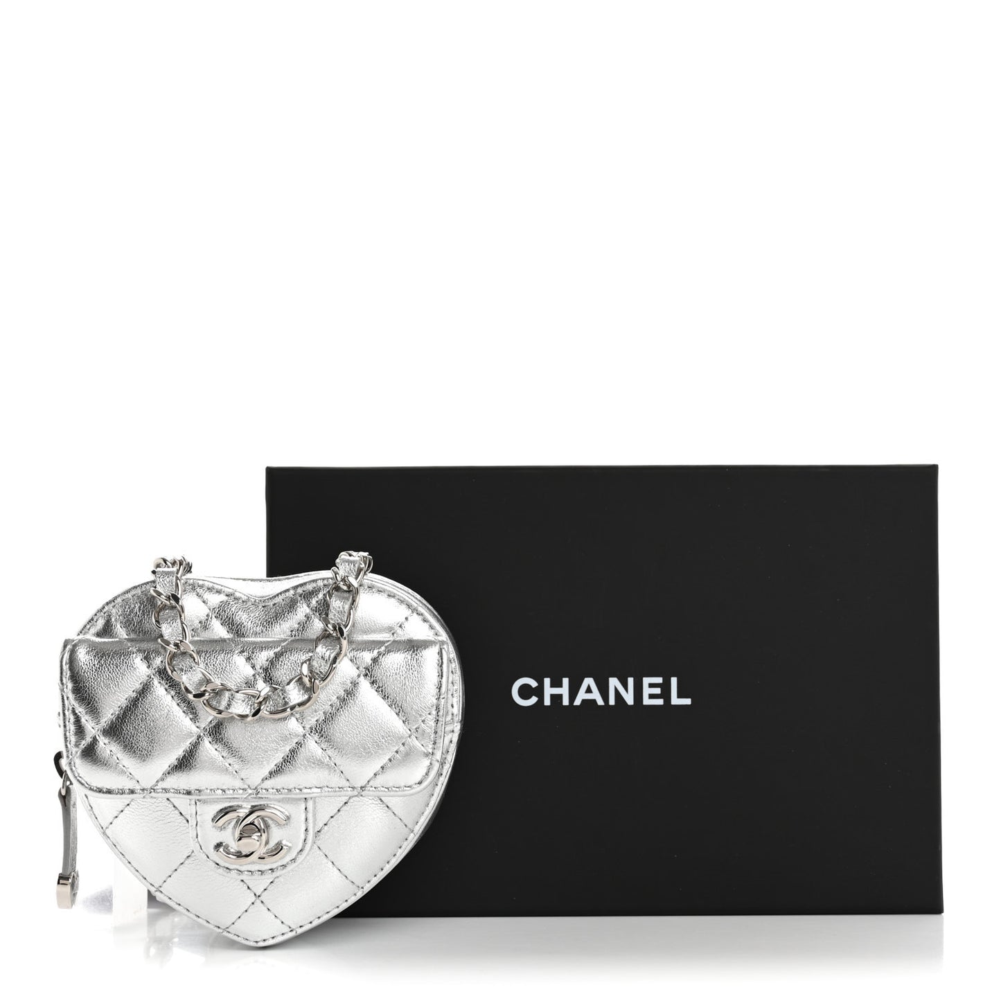 Metallic Lambskin Quilted CC In Love Heart Waist Belt Bag With Chain Silver