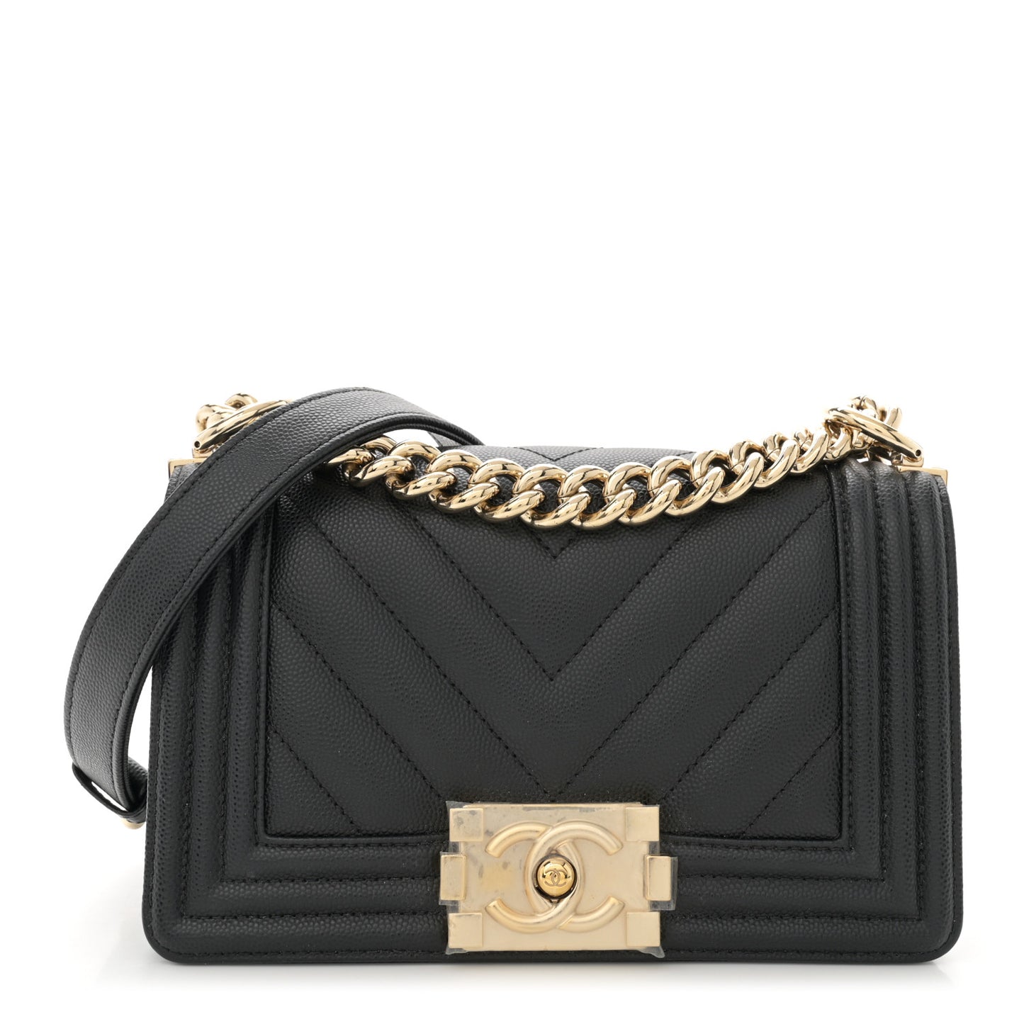Caviar Chevron Quilted Small Boy Flap Black