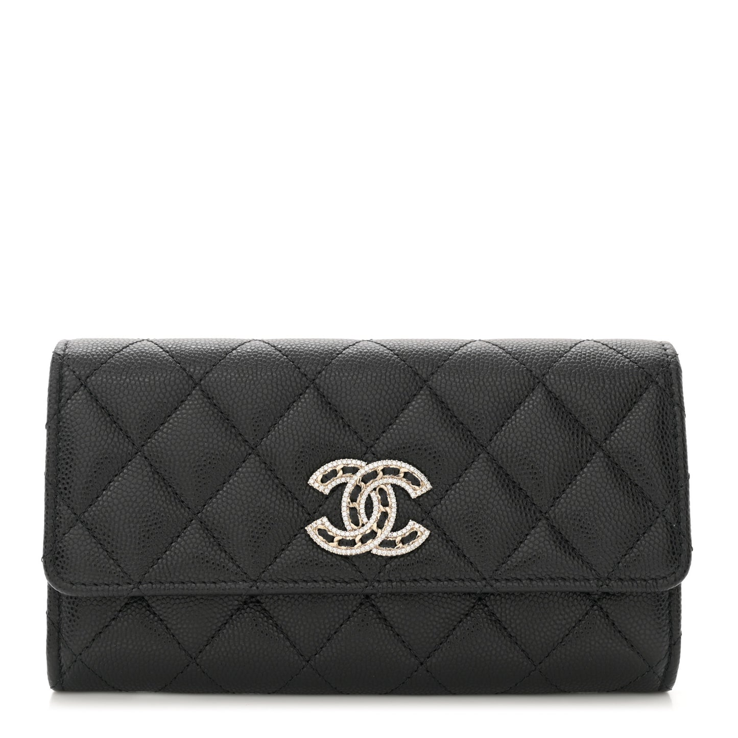 Caviar Quilted Crystal CC Large Gusset Flap Wallet Black