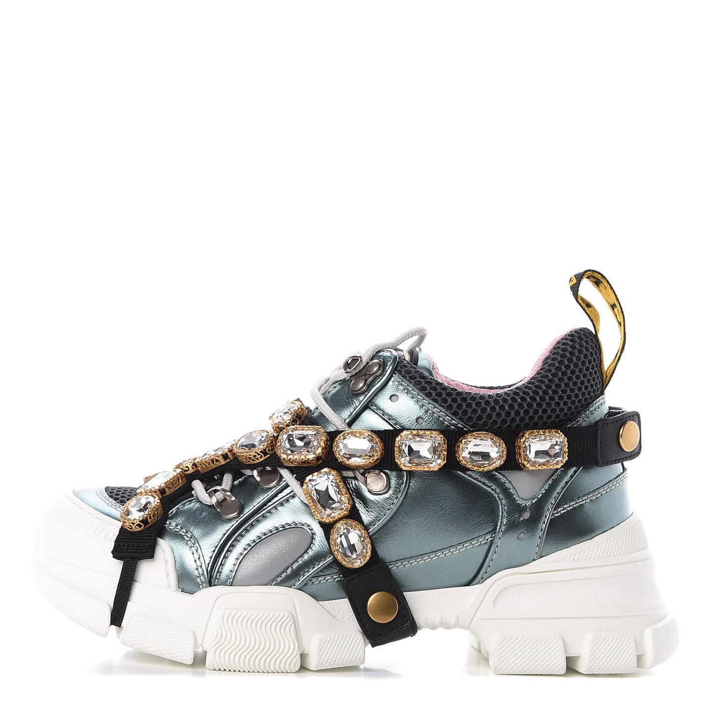 X SEGA Metallic Calfskin Removable Crystals Womens Flashtrek Sneakers 36.5 Lago Loess Silver