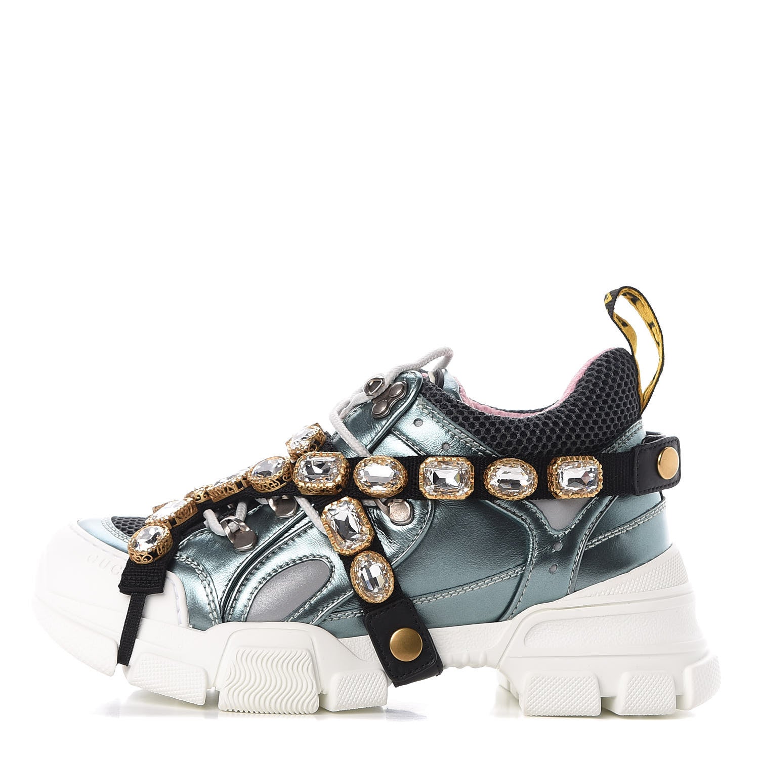 Gucci X SEGA Metallic Calfskin Removable Crystals Womens Flashtrek Sneakers 36.5 Lago Loess Silver 1 of 9