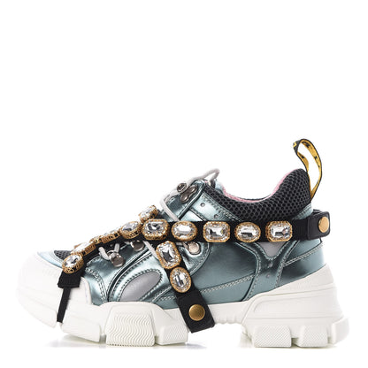 Gucci X SEGA Metallic Calfskin Removable Crystals Womens Flashtrek Sneakers 36.5 Lago Loess Silver 1 of 9