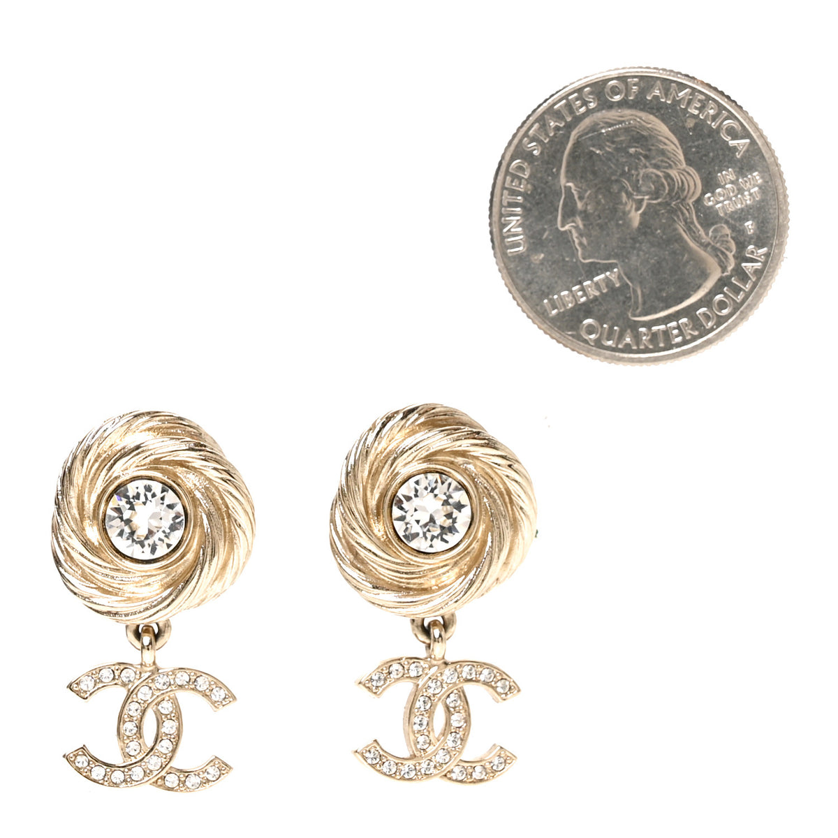 Chanel Metal Crystal CC Drop Earrings Gold 2 of 5