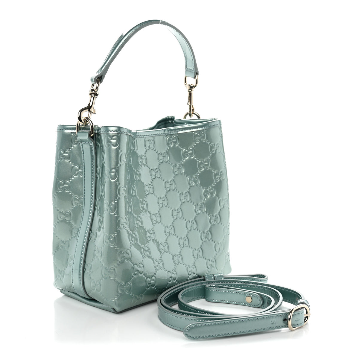 Gucci Patent GG Emblem Small Bucket Bag Light Blue 3 of 10
