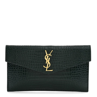 Saint Laurent Calfskin Crocodile Embossed Uptown Monogram Clutch Dark Green 1 of 7