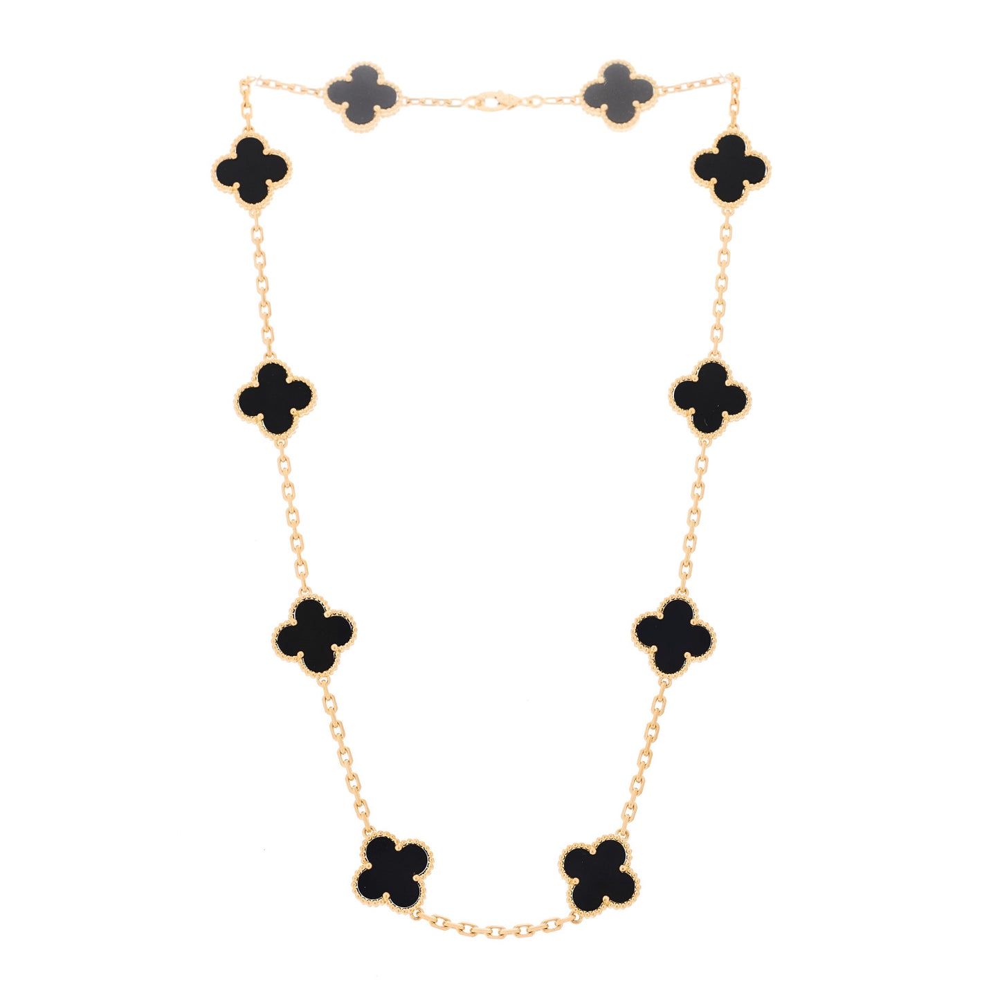 18K Yellow Gold Black Onyx 10 Motifs Vintage Alhambra Necklace
