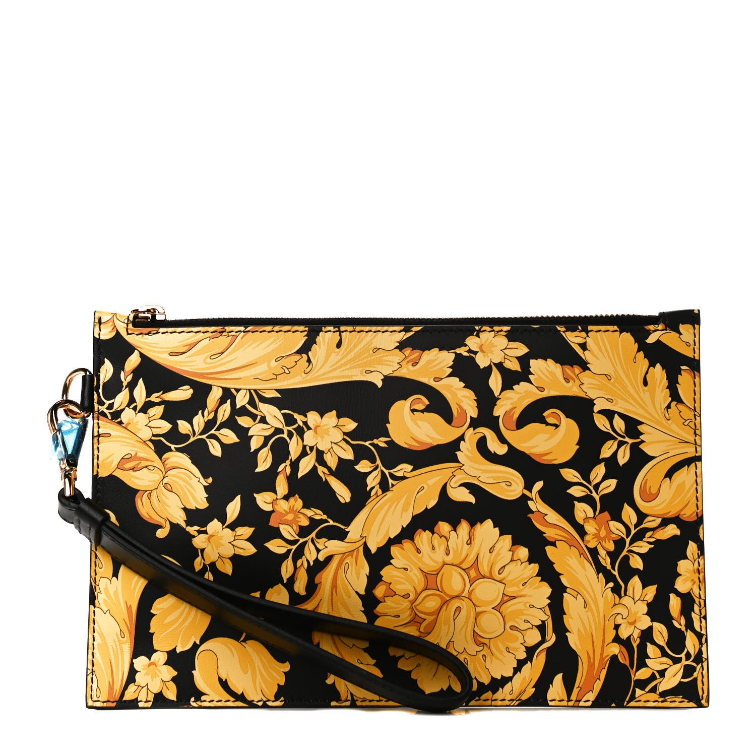 Versace Vitello Baroque Print Wristlet Pouch Black Gold 1 of 8