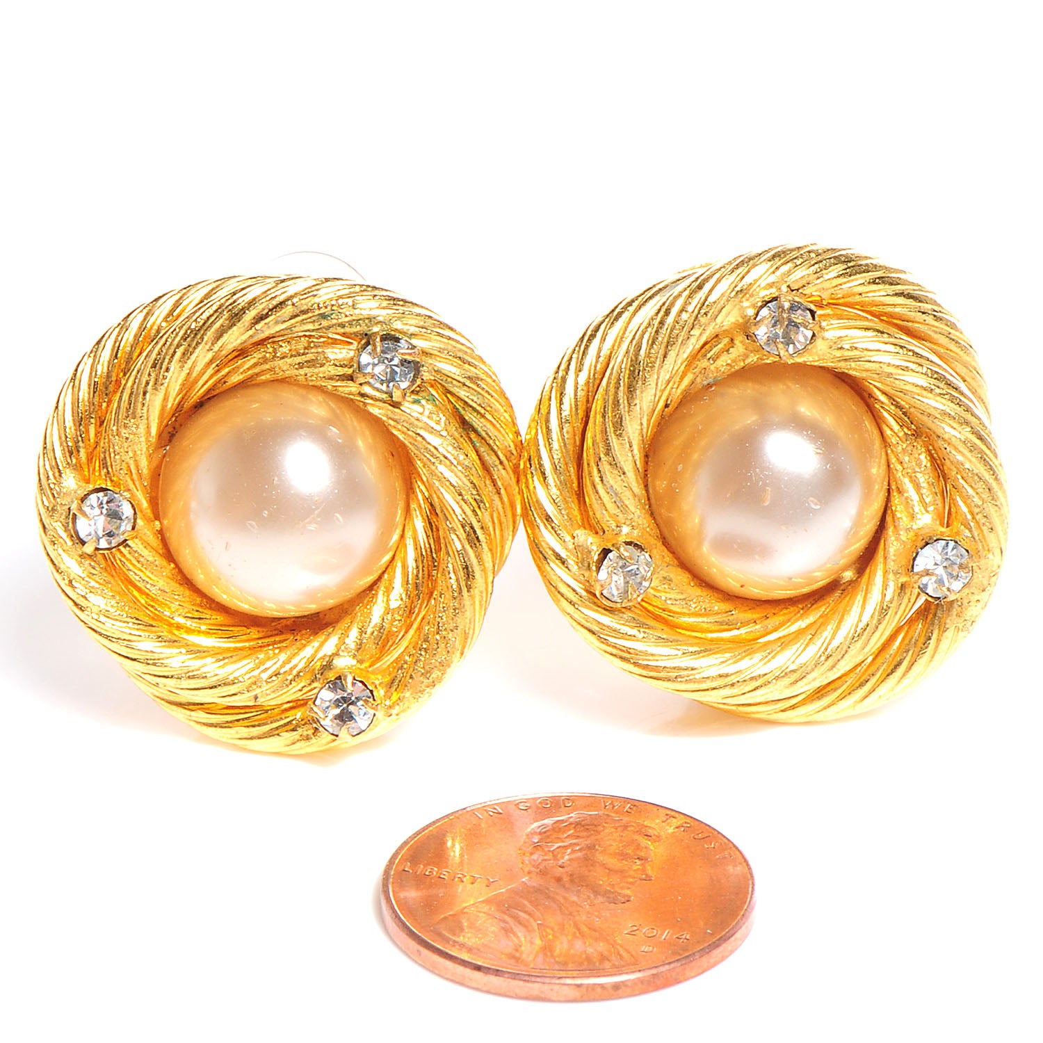 Chanel Pearl Crystal Clip On Earrings Gold 2 of 5
