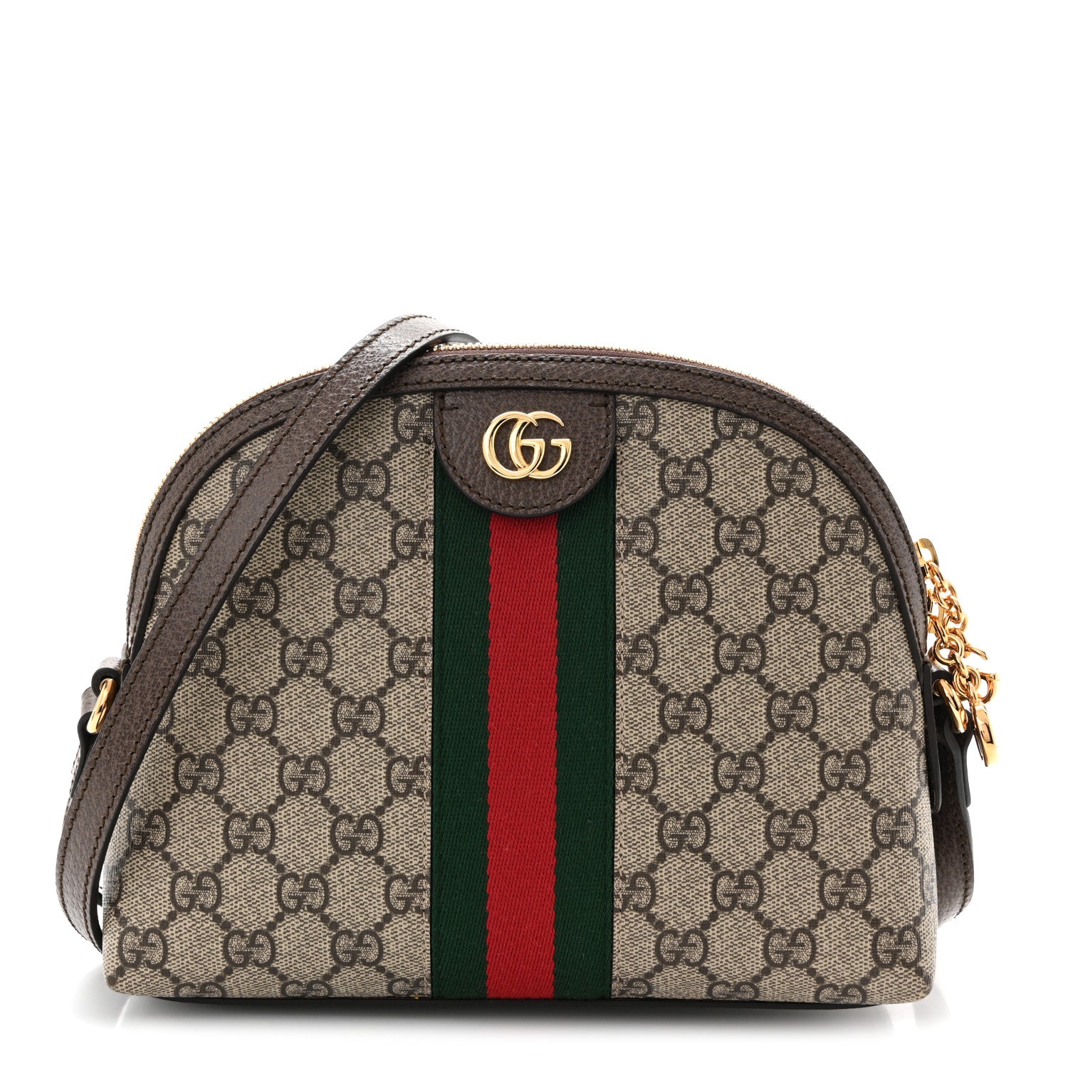 Gucci GG Supreme Monogram Textured Dollar Calfskin Web Small Ophidia Dome Shoulder Bag Beige Ebony New Acero Brown 1 of 10