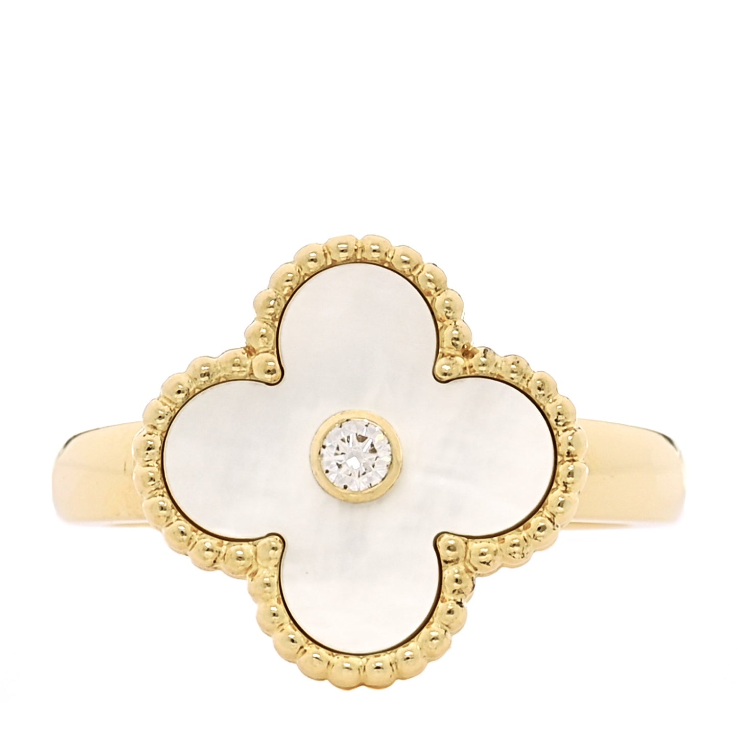 18K Yellow Gold Diamond Mother of Pearl Vintage Alhambra Ring 54 6.75