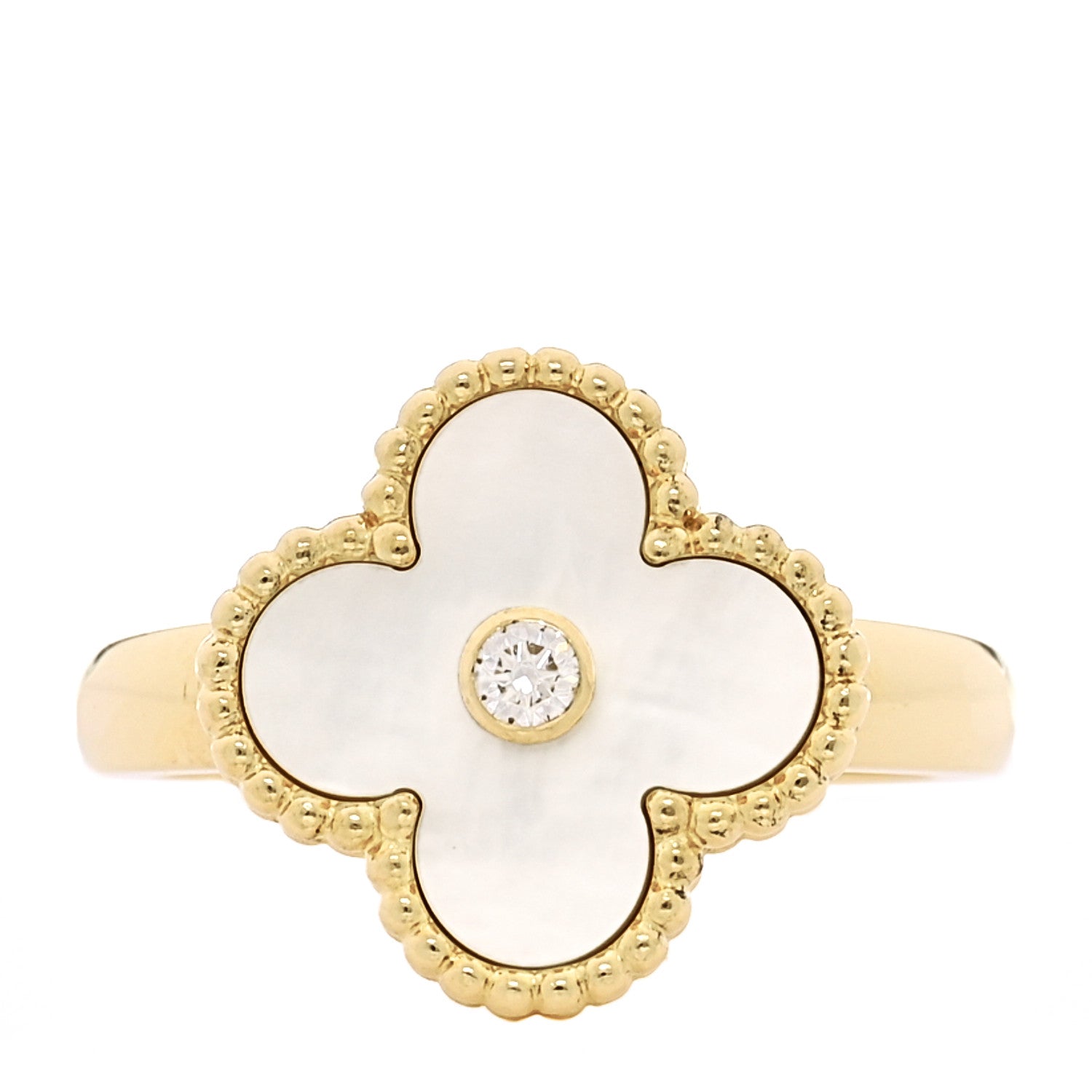 Van Cleef & Arpels 18K Yellow Gold Diamond Mother of Pearl Vintage Alhambra Ring 54 6.75 1 of 5