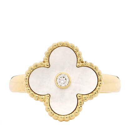 Van Cleef & Arpels 18K Yellow Gold Diamond Mother of Pearl Vintage Alhambra Ring 54 6.75 1 of 5