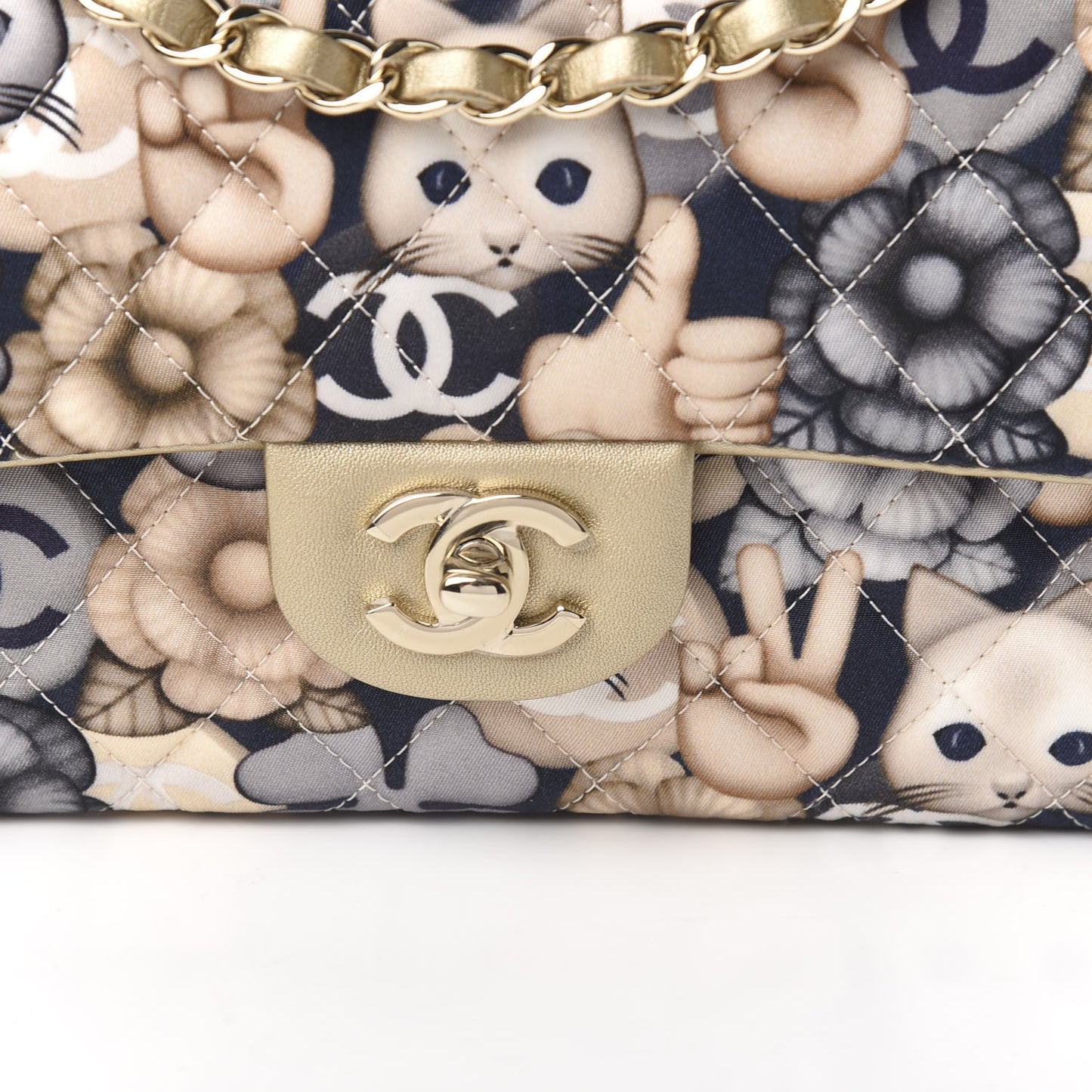 Nylon Quilted Medium Cat Emoticon Double Flap Navy Gold