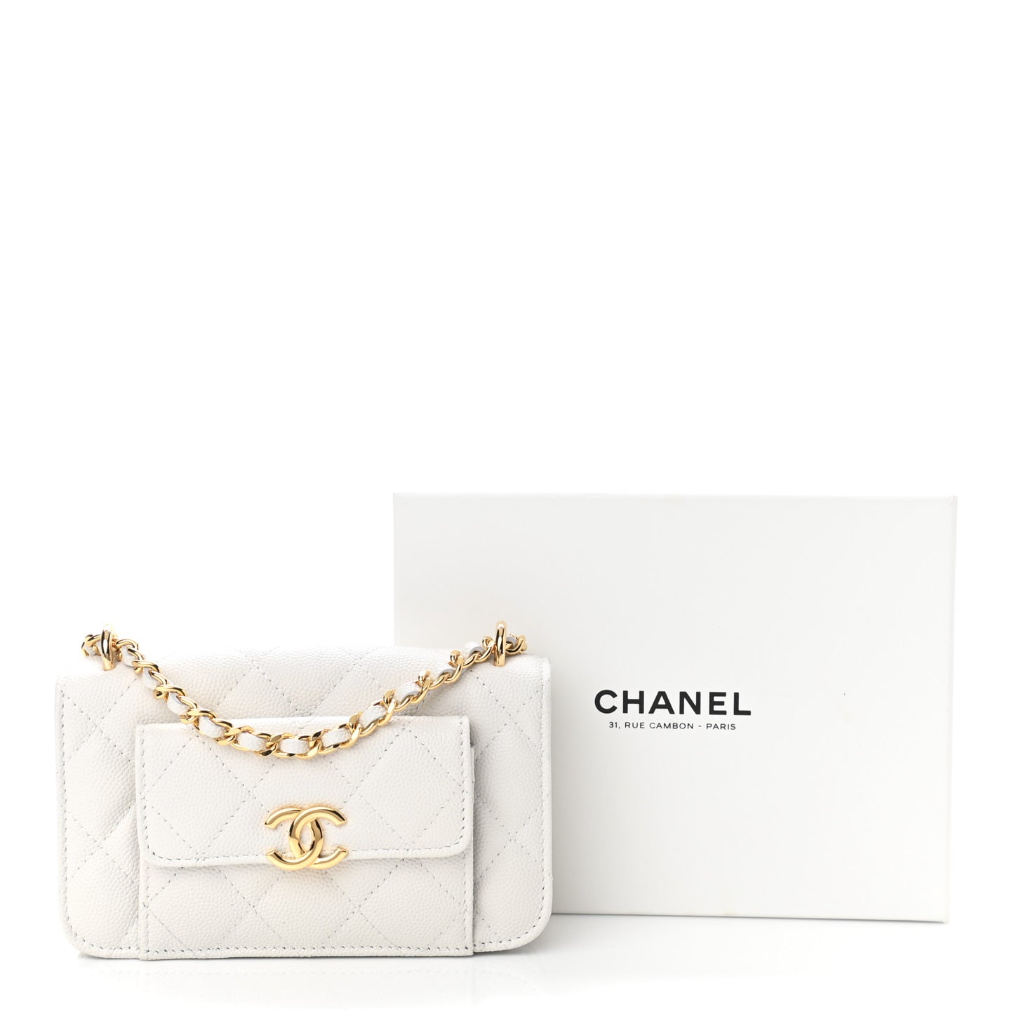 Caviar Quilted Pocket Twins Clutch With Chain White