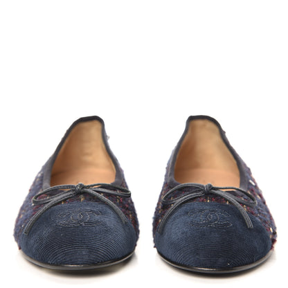 Chanel Tweed Flannel Cap Toe Ballerina Flats 37 Navy 2 of 10