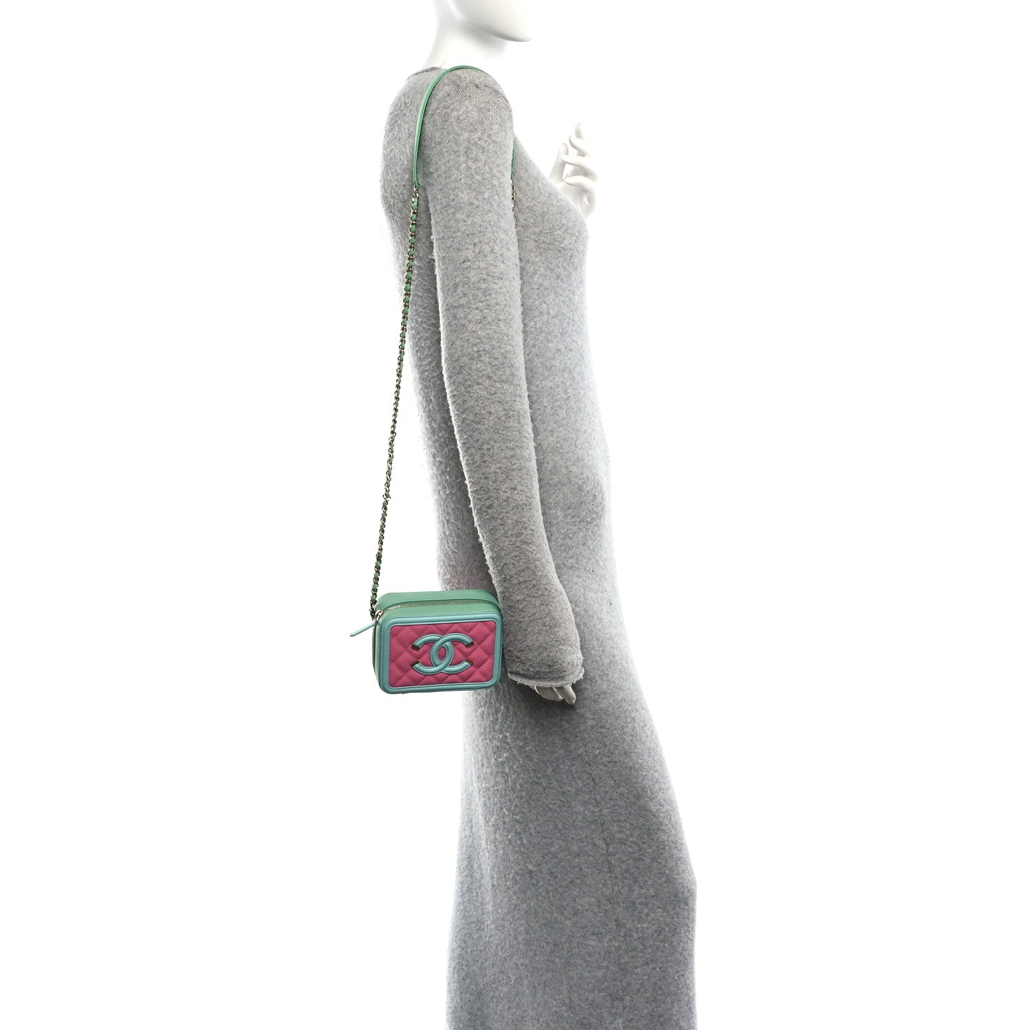 Chanel Caviar Quilted Filigree Vanity Clutch With Chain Pink Light Blue Green 2 of 10