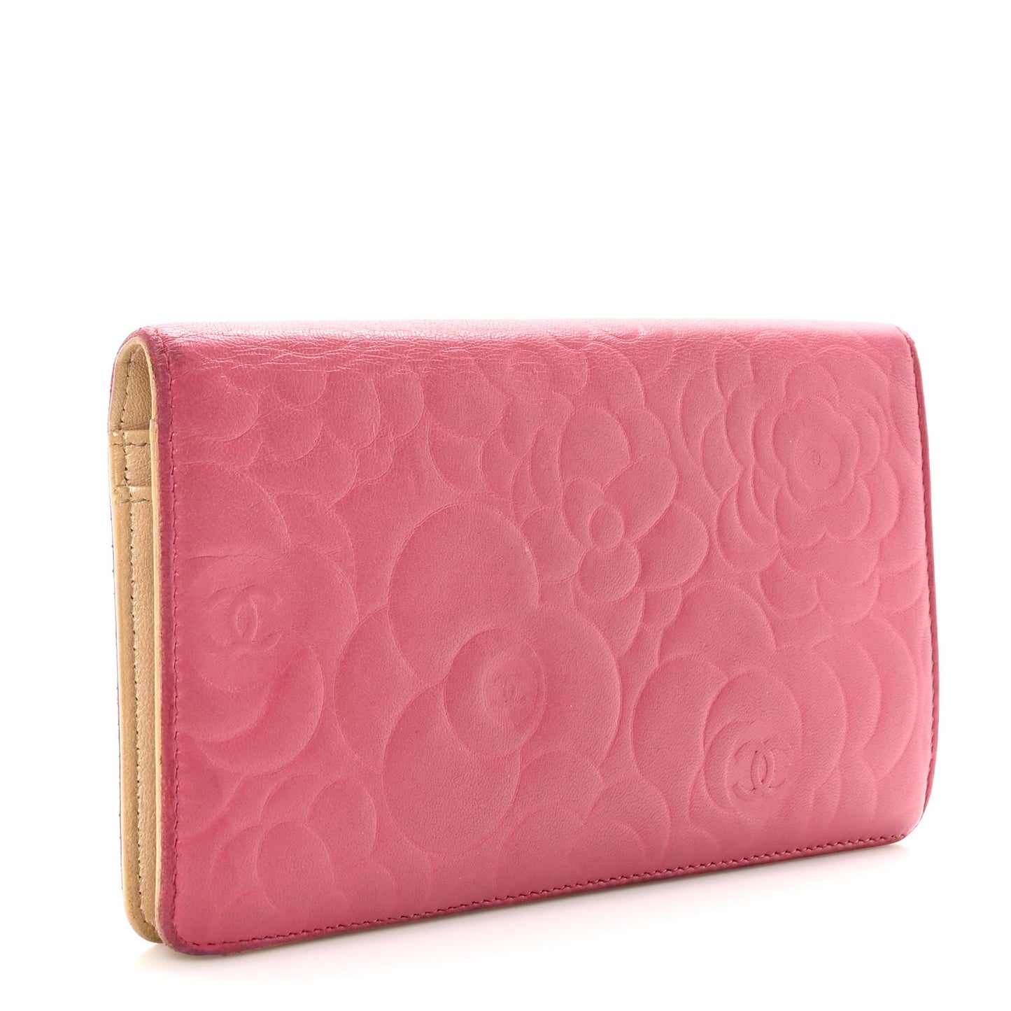 Lambskin Camellia Embossed Yen Wallet Fuchsia