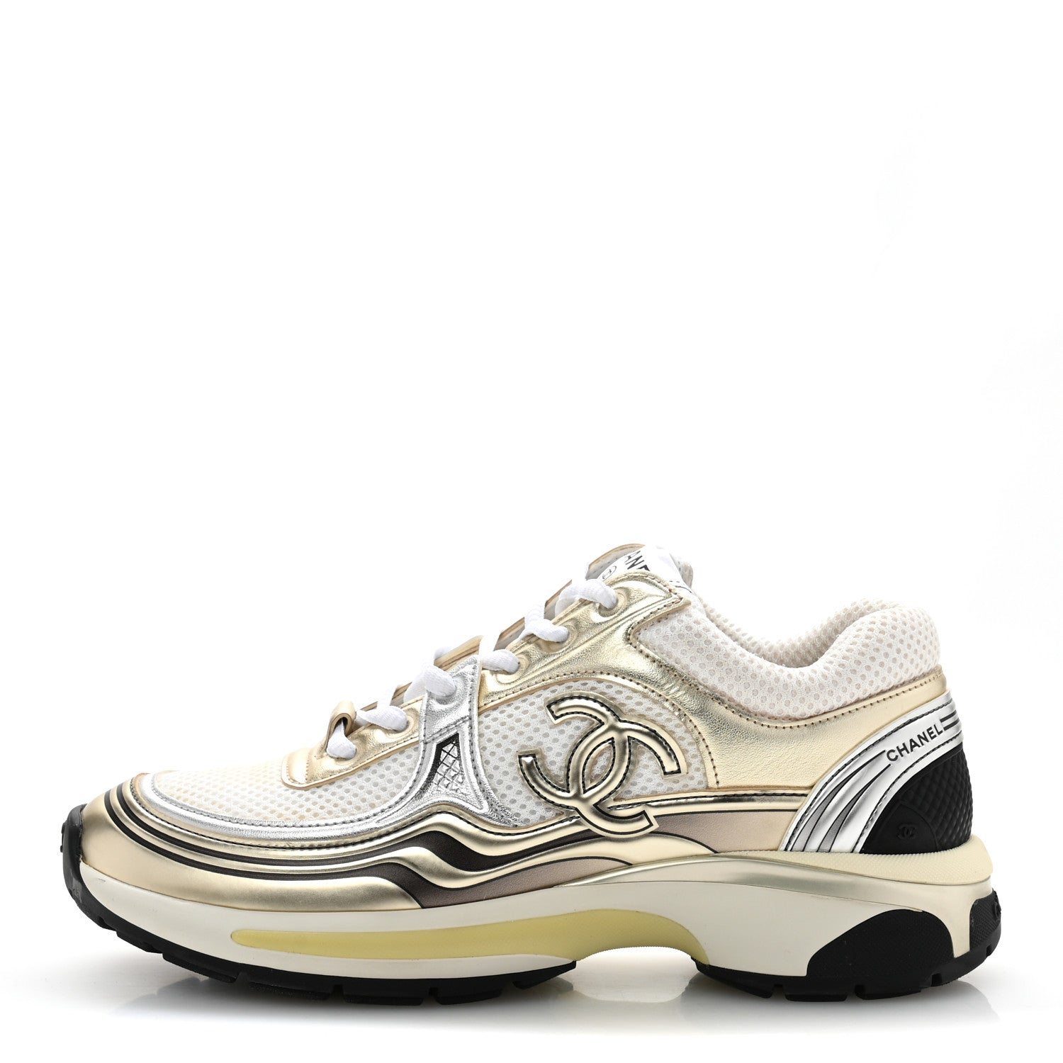Chanel Fabric Laminated Calfskin Stretch CC Sneakers 38 White Gold Silver 1 of 11