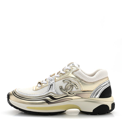 Chanel Fabric Laminated Calfskin Stretch CC Sneakers 38 White Gold Silver 1 of 11