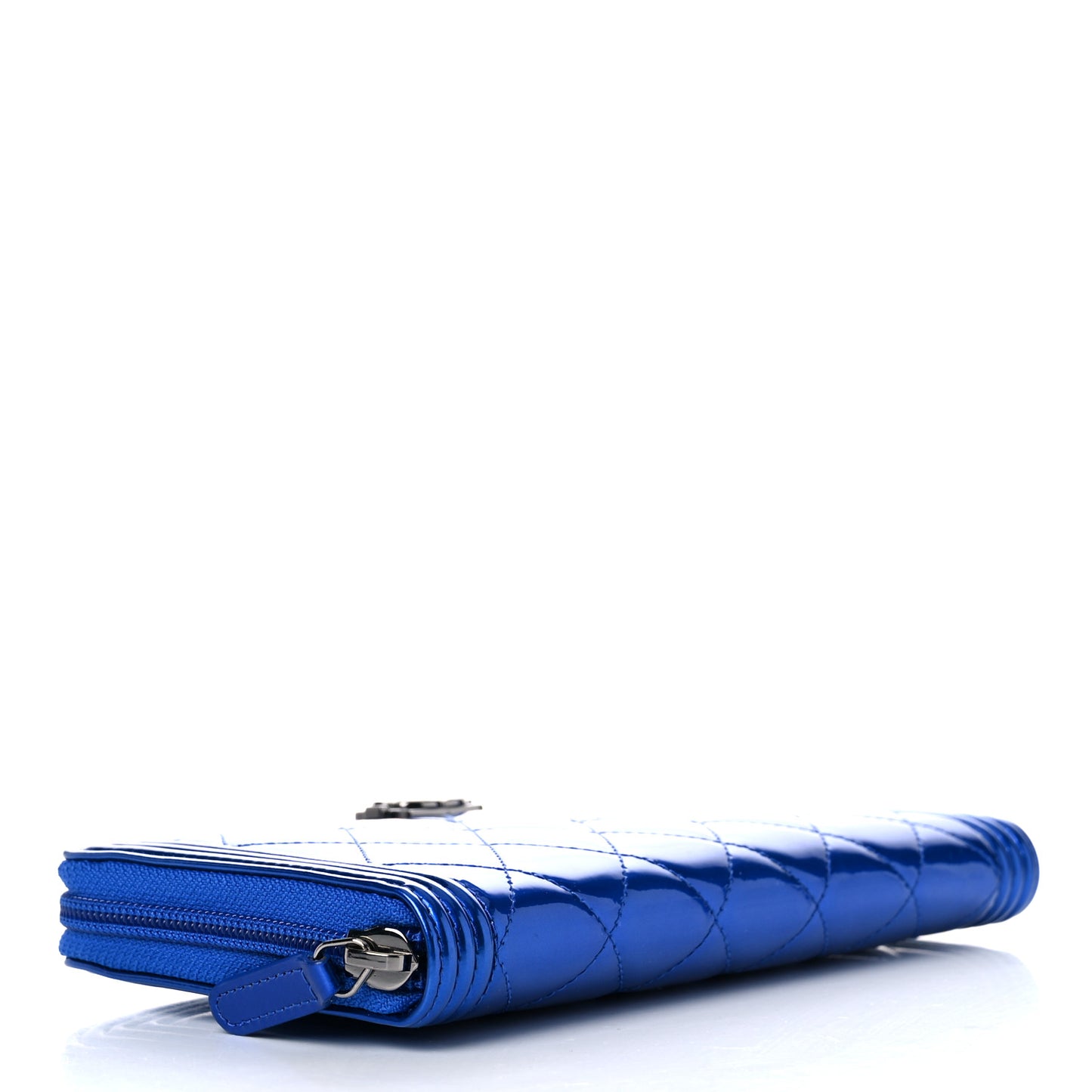 Metallic Patent Calfskin Quilted Boy L-Gusset Zip Wallet Blue