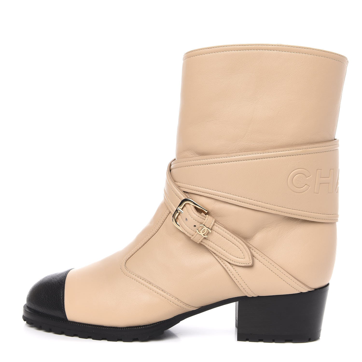 Chanel Lambskin Logo Cap Toe Short Boots 37.5 Beige Black 1 of 10