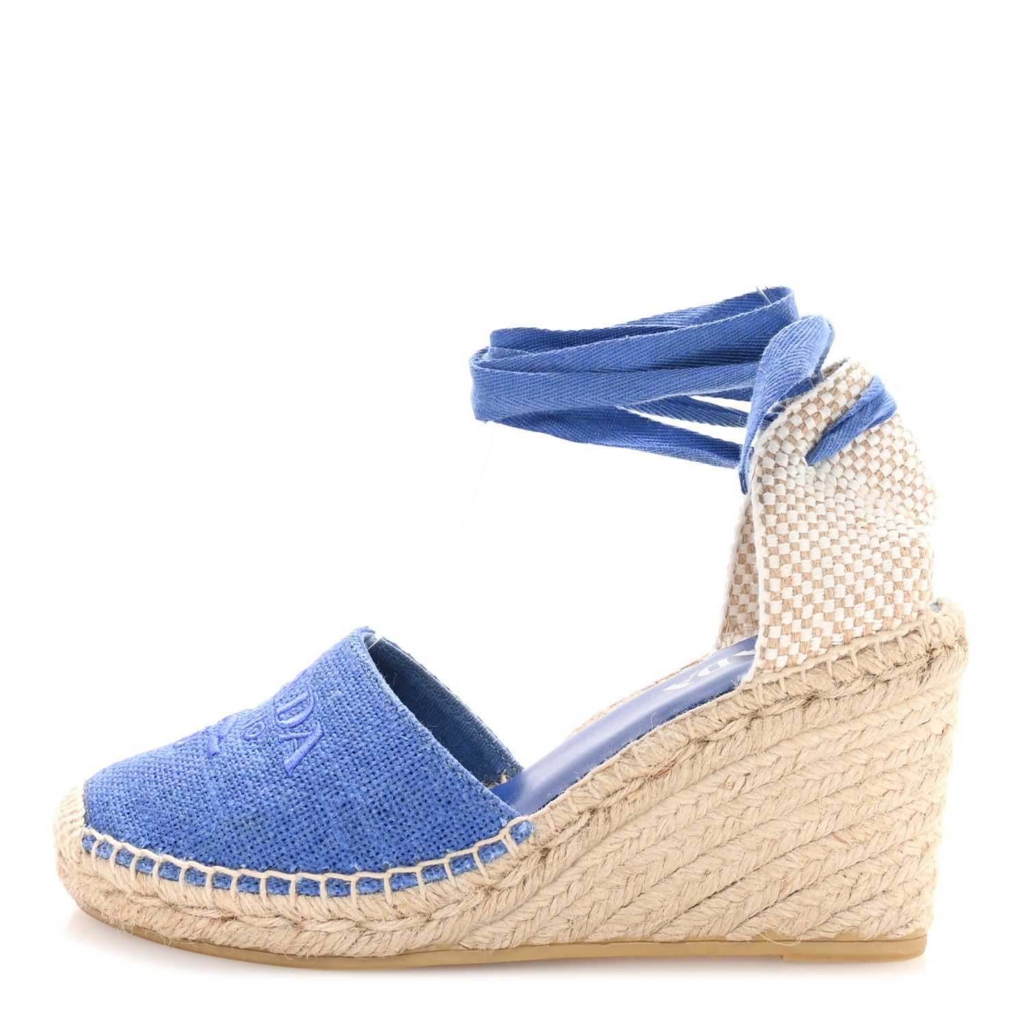 Prada Linen Logo Espadrille 90mm Wedge Sandals 39 Azzurro 1 of 9