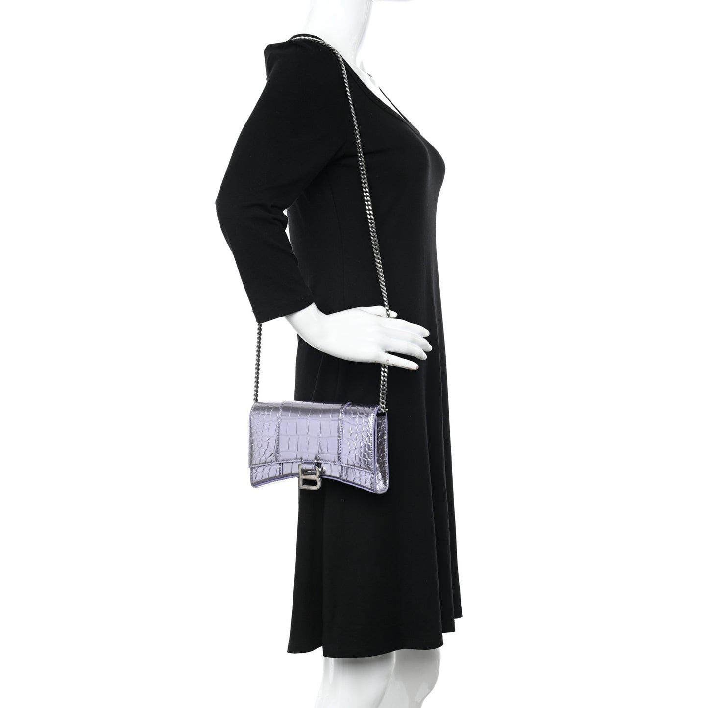 Shiny Metallic Calfskin Crocodile Embossed Hourglass Chain Bag Lilac