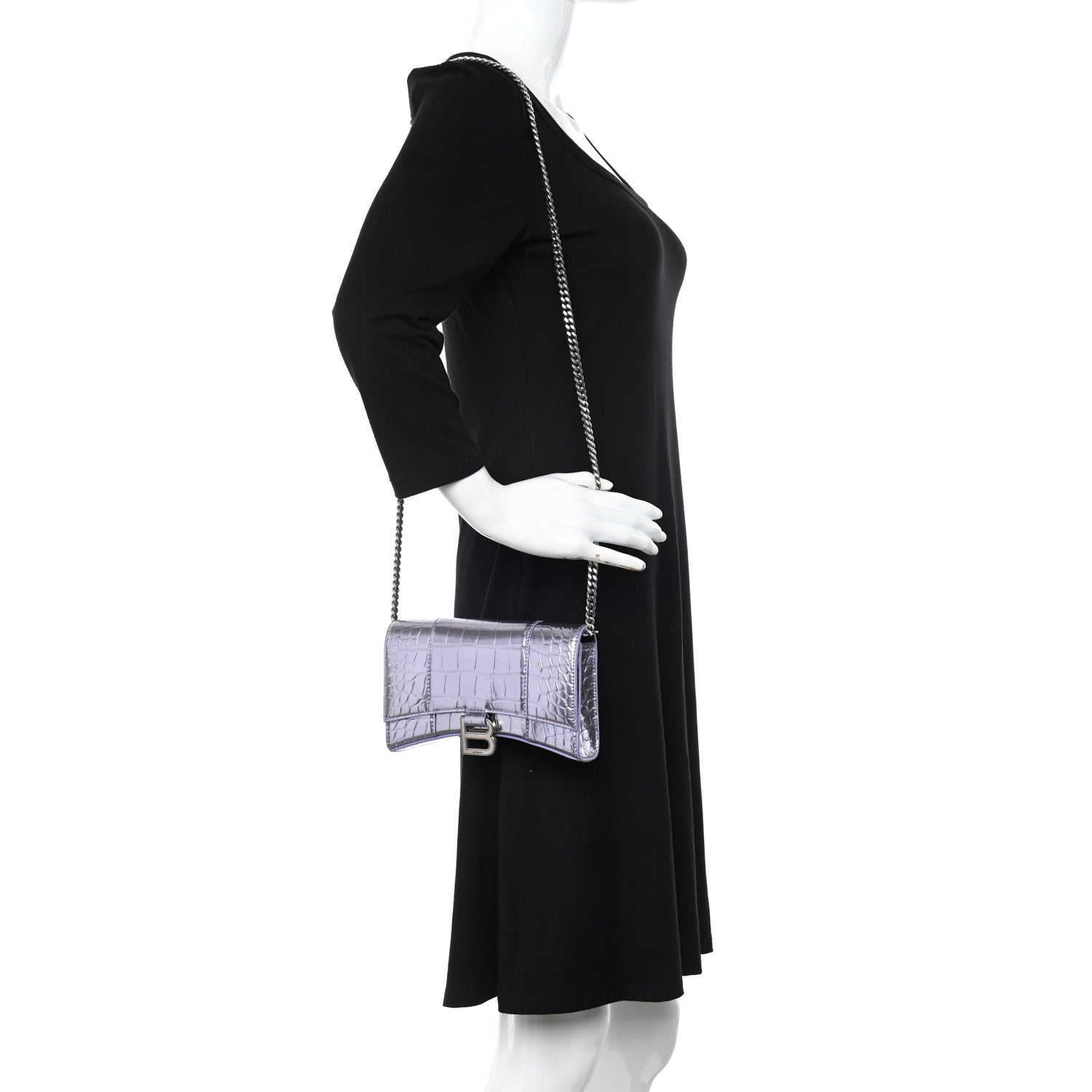 Balenciaga Shiny Metallic Calfskin Crocodile Embossed Hourglass Chain Bag Lilac 2 of 11