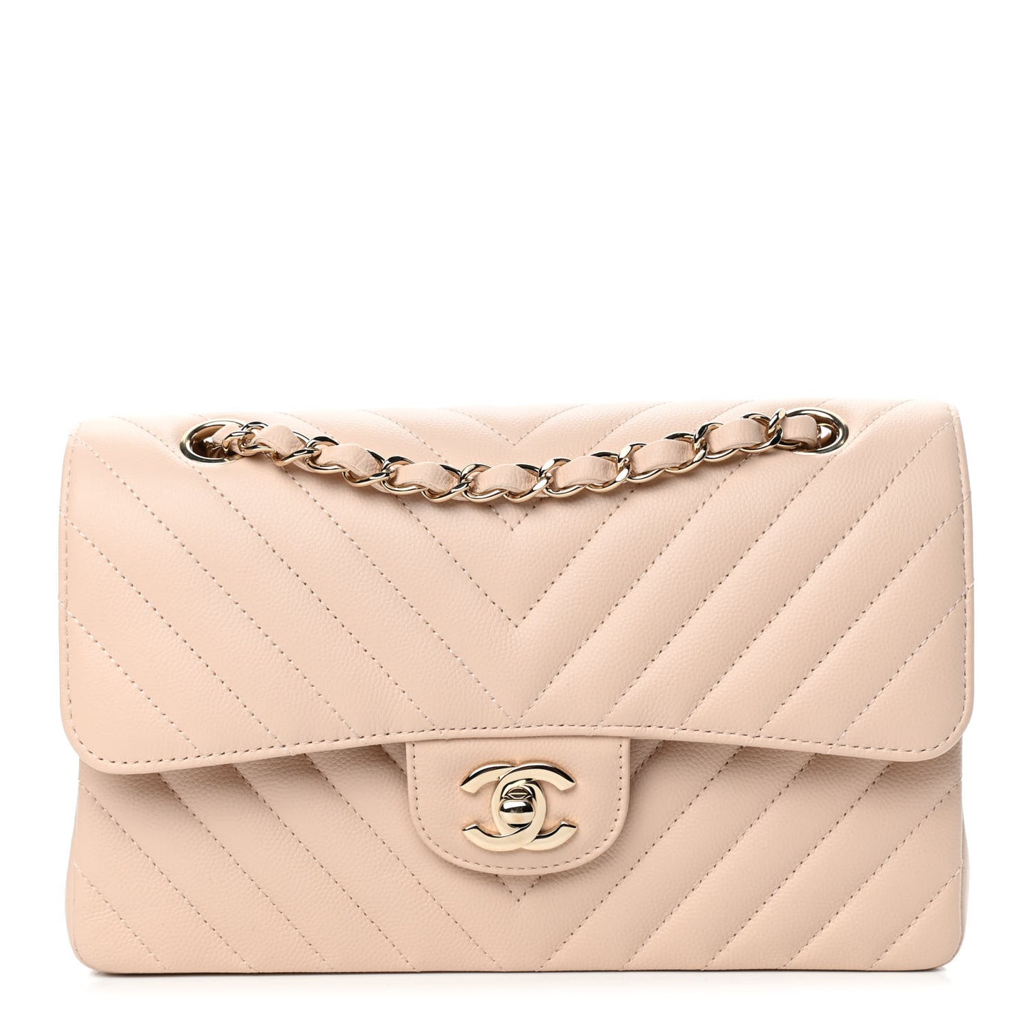 Caviar Chevron Quilted Small Double Flap Beige