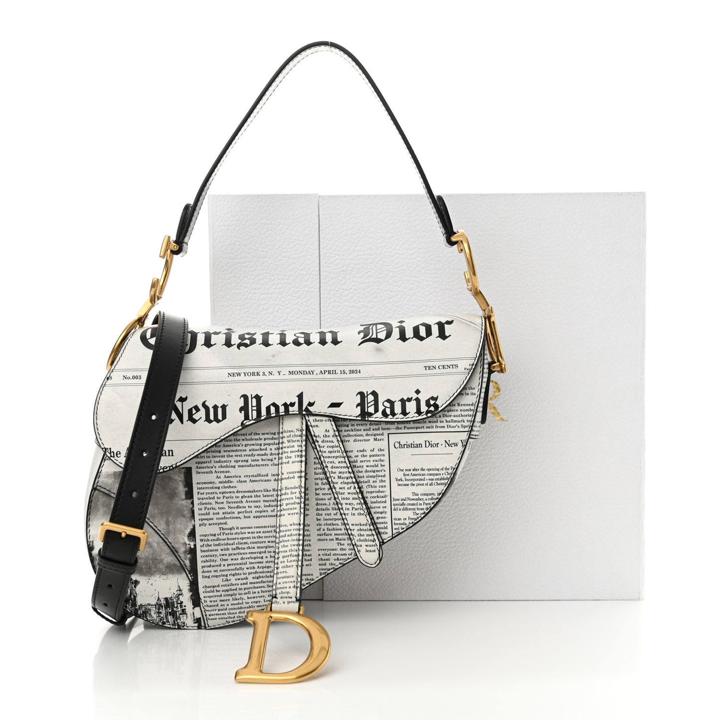 Calfskin Newspaper Printed Saddle Bag With Strap Black White