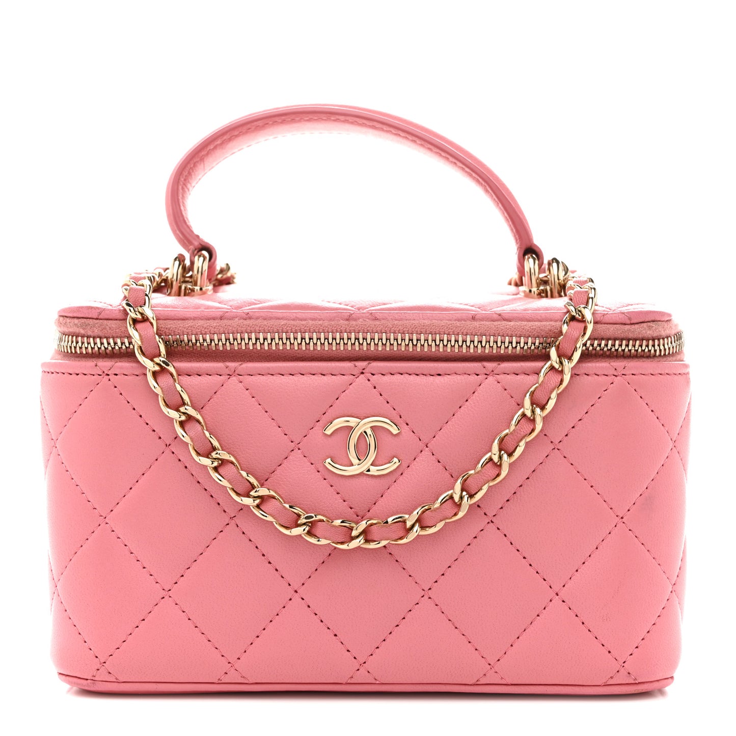 Lambskin Quilted Small Top Handle Vanity Case With Chain Pink