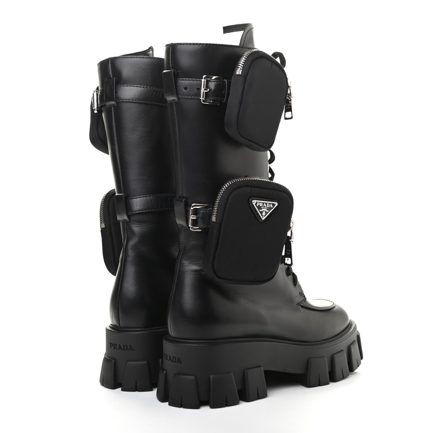 Prada Vitello Lux Nylon Metal Triangle Logo Monolith Pouch Pocket 55mm Tall Combat Boots 39.5 Black 4 of 12