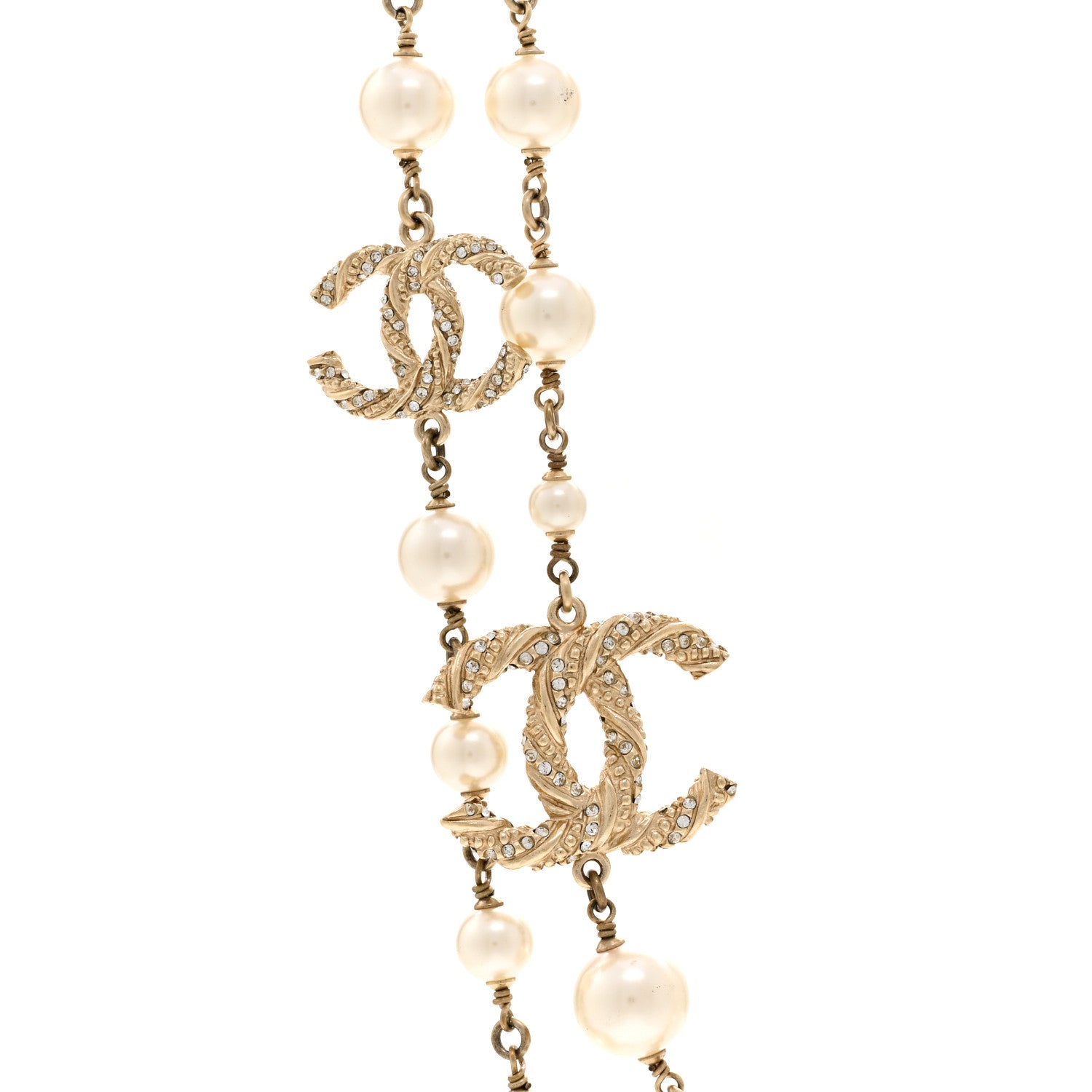 Chanel Graduated Pearl Crystal Twisted CC Long Necklace Gold 4 of 5
