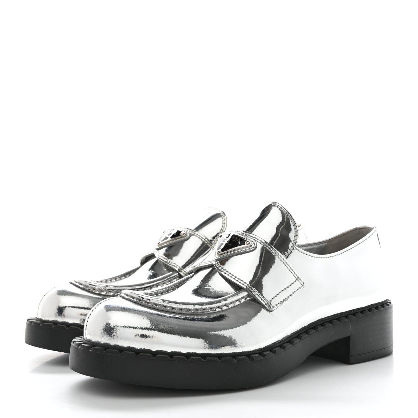 Metallic Brushed Calfskin Metal Triangle Logo 50mm Loafers 38.5 Argento
