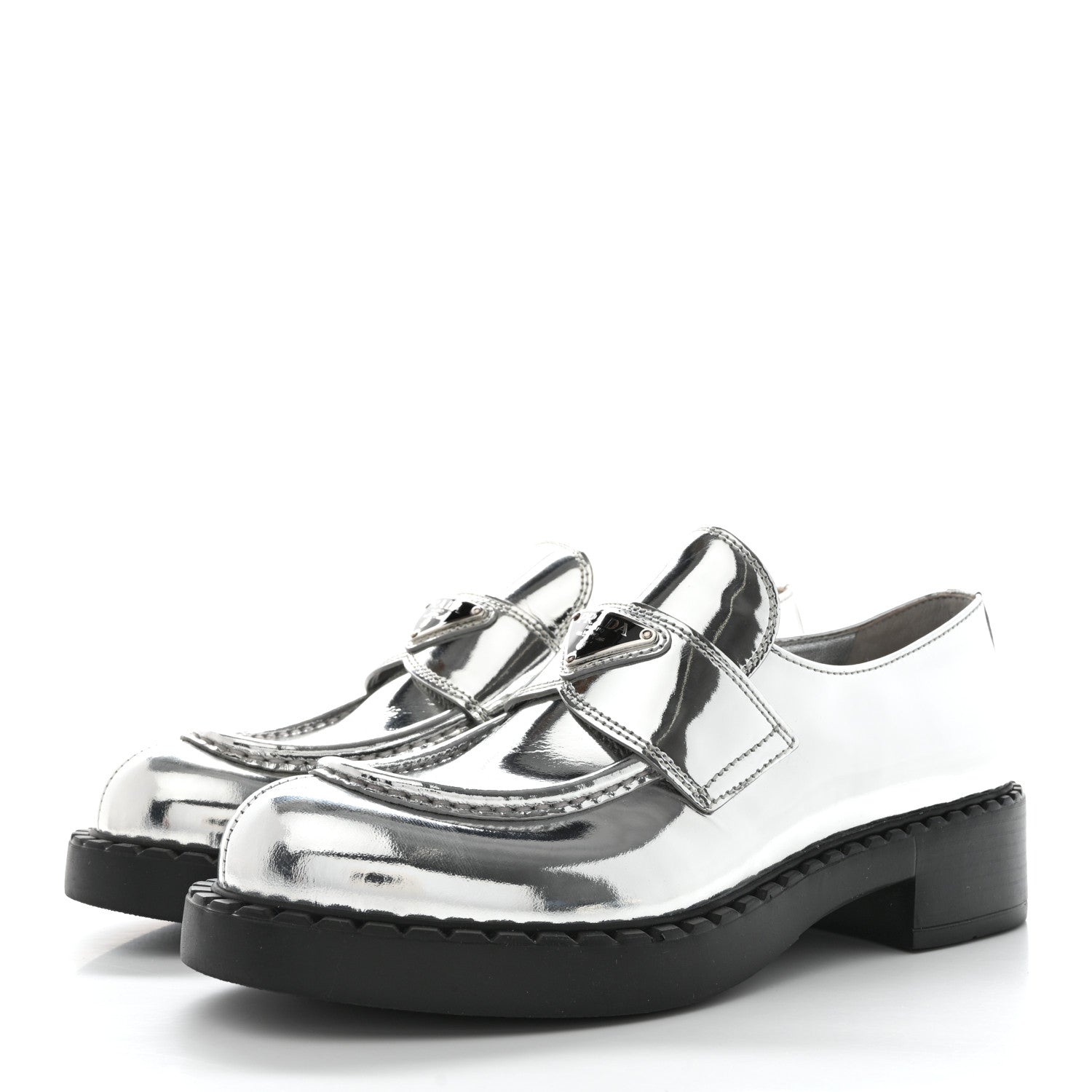 Prada Metallic Brushed Calfskin Metal Triangle Logo 50mm Loafers 38.5 Argento 3 of 9