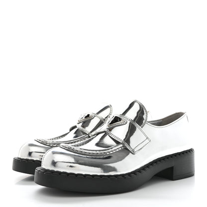 Prada Metallic Brushed Calfskin Metal Triangle Logo 50mm Loafers 38.5 Argento 3 of 9