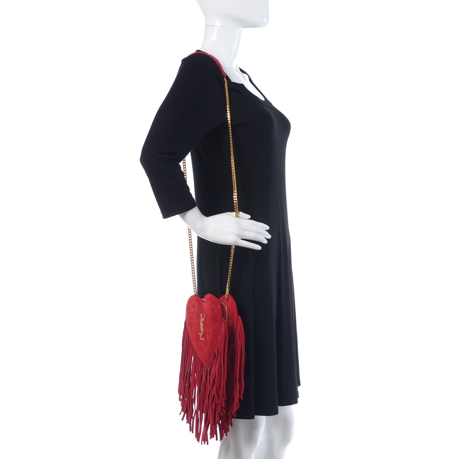 Saint Laurent Suede Fringe Small Monogram Love Shoulder Bag Red 2 of 8