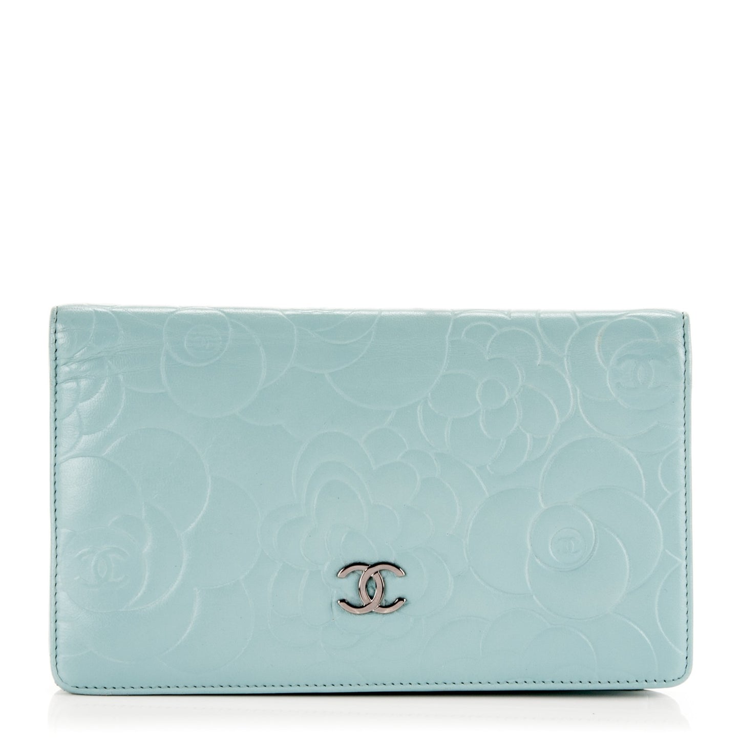 Lambskin Camellia Embossed Yen Wallet Light Blue
