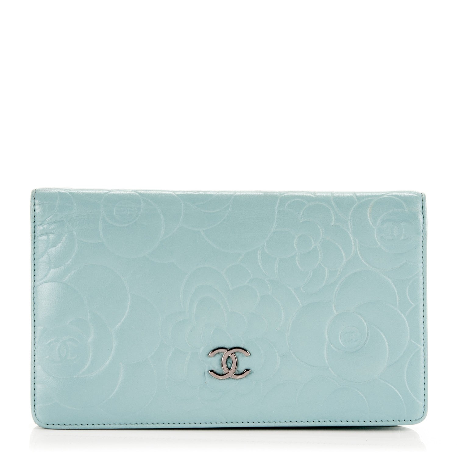 Chanel Lambskin Camellia Embossed Yen Wallet Light Blue 1 of 8