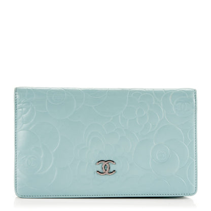 Chanel Lambskin Camellia Embossed Yen Wallet Light Blue 1 of 8