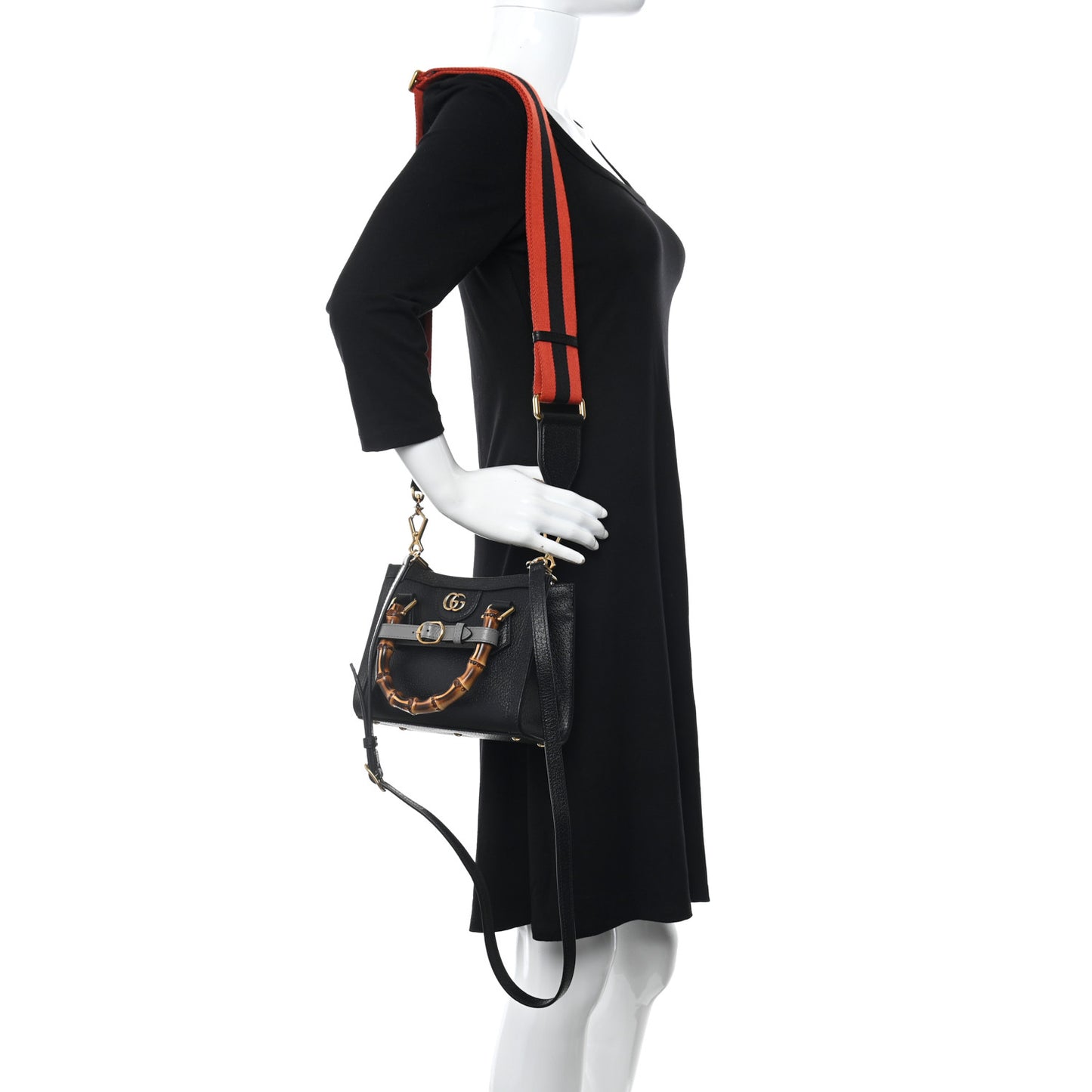 Textured Dollar Calfskin Web Mini Diana Tote Bag Black