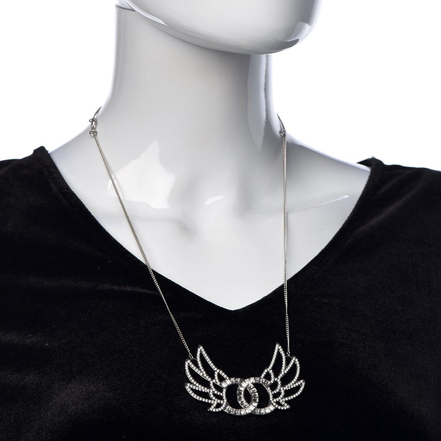 Baguette Crystal Winged CC Necklace Silver