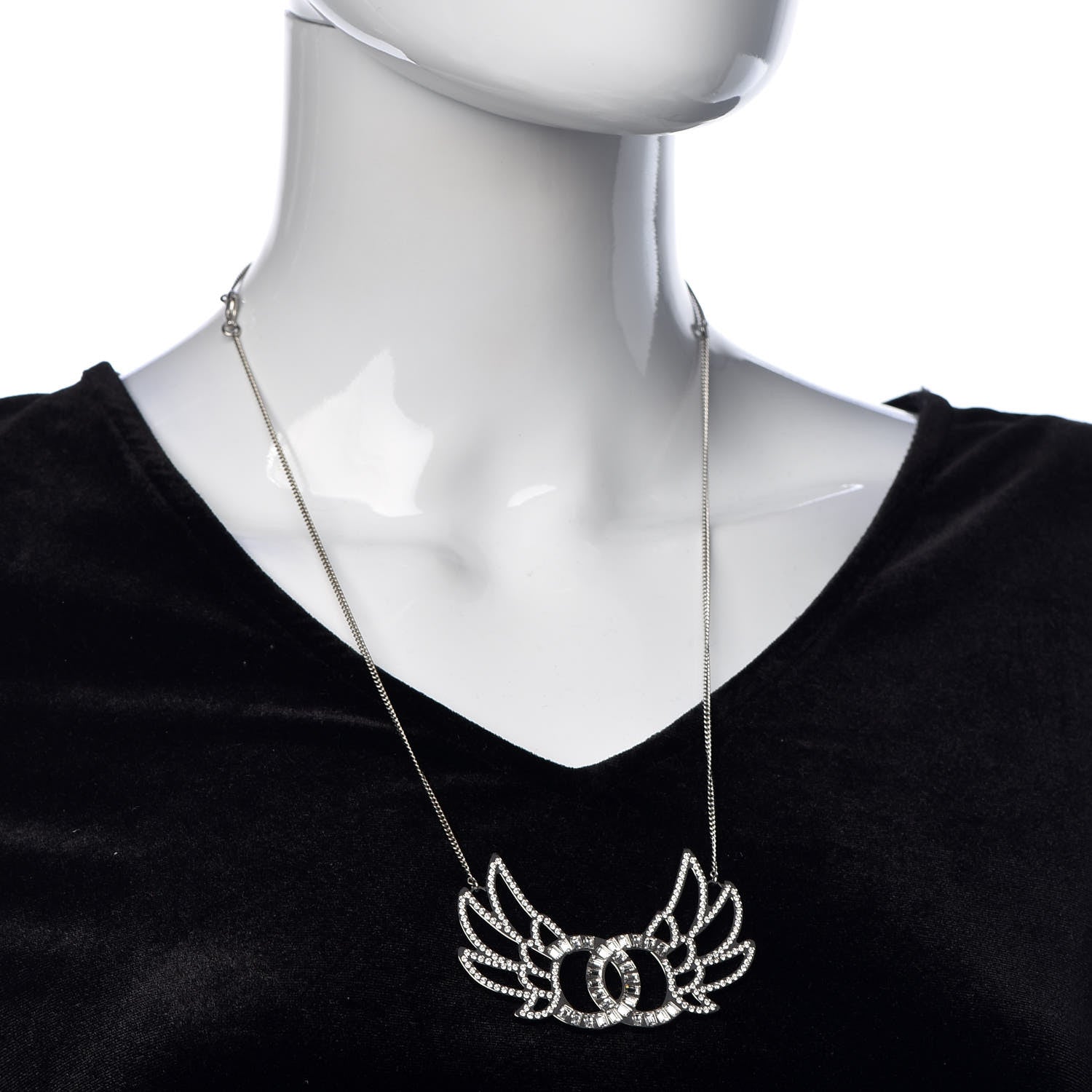 Chanel Baguette Crystal Winged CC Necklace Silver 2 of 6