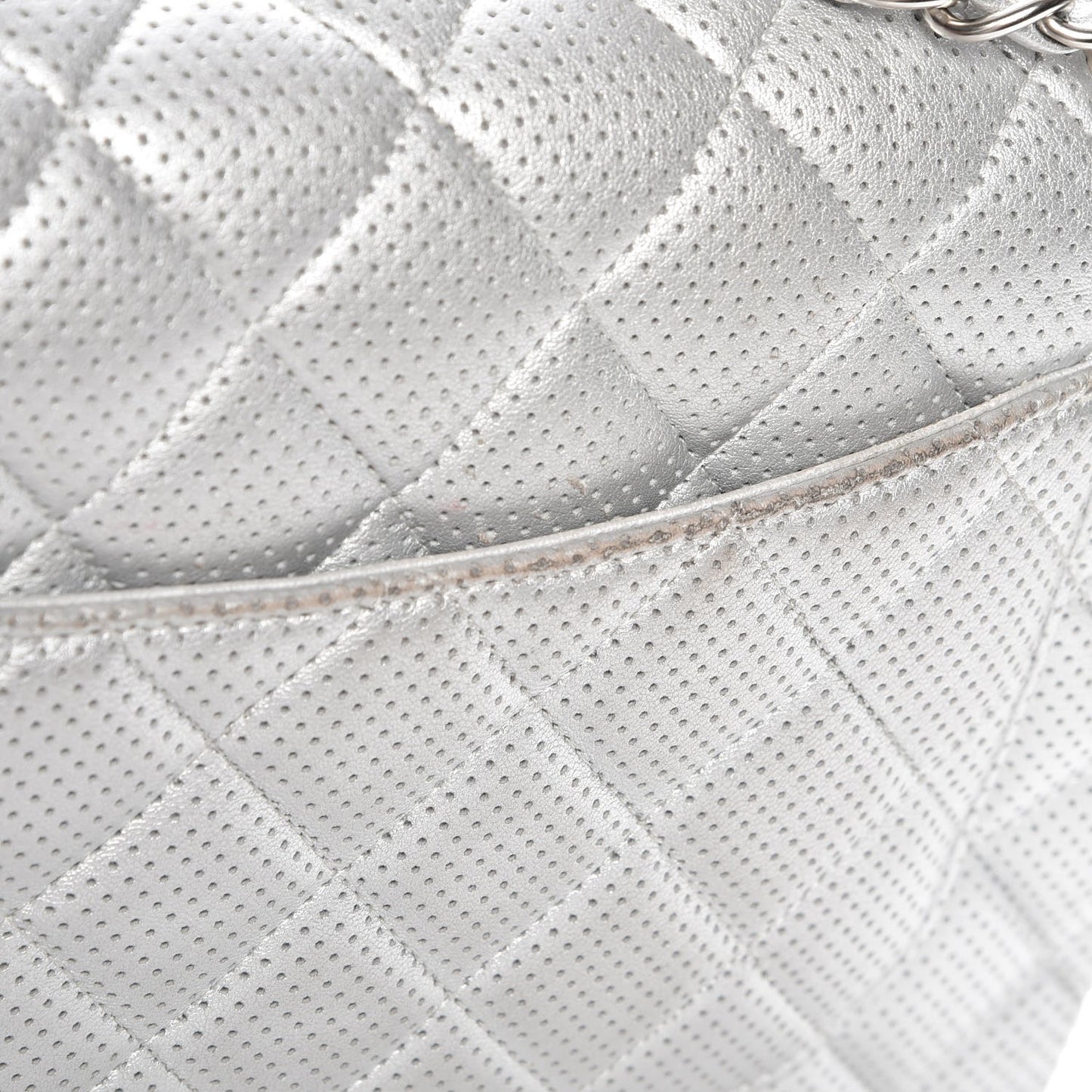 Metallic Perforated Lambskin Quilted Jumbo Double Flap Light Silver