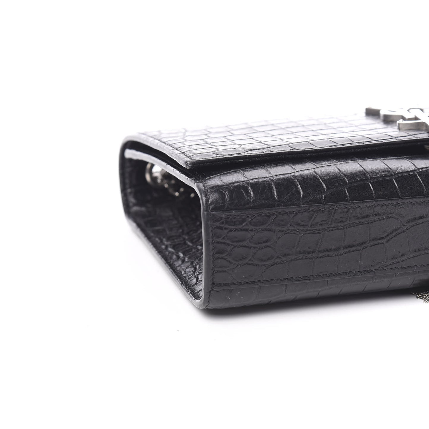 Calfskin Crocodile Embossed Medium Classic Monogram Kate Tassel Satchel Black