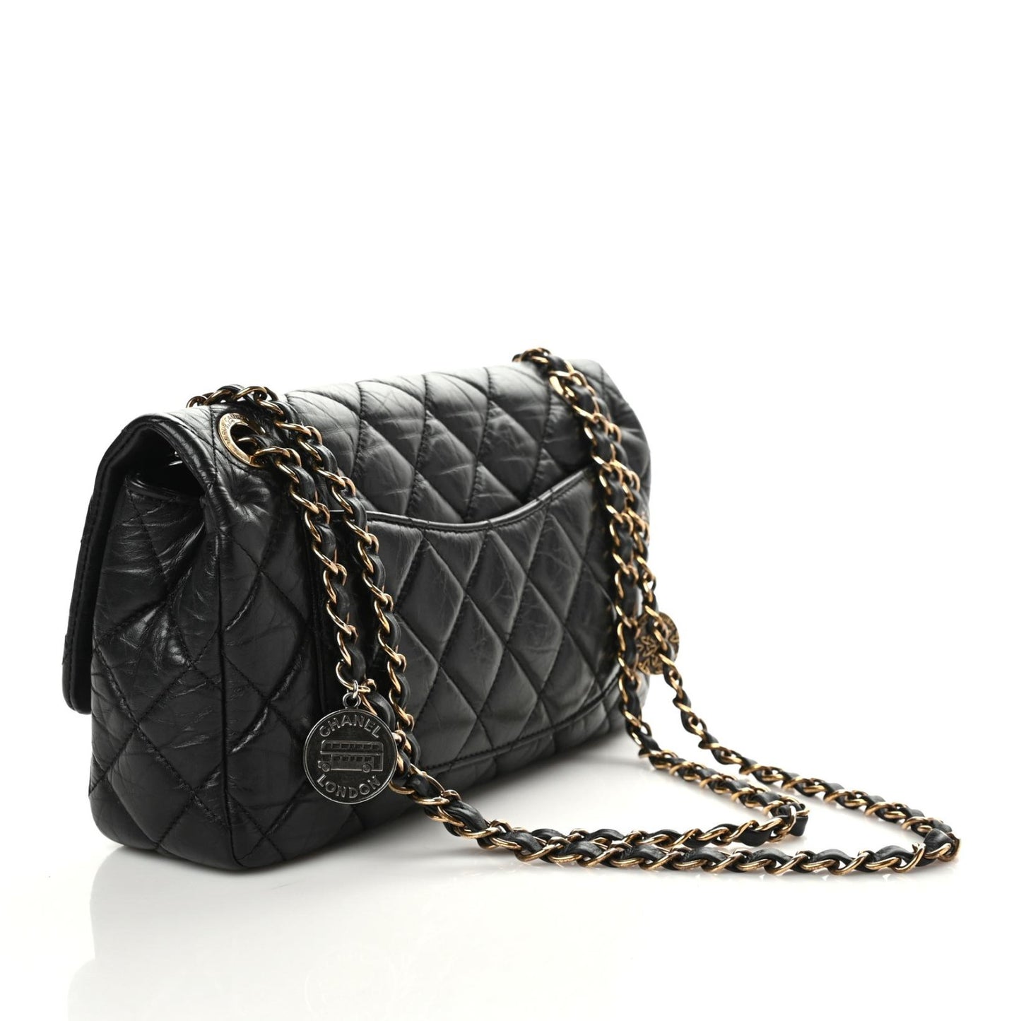Aged Calfskin Quilted Medium Medallion Flap Black
