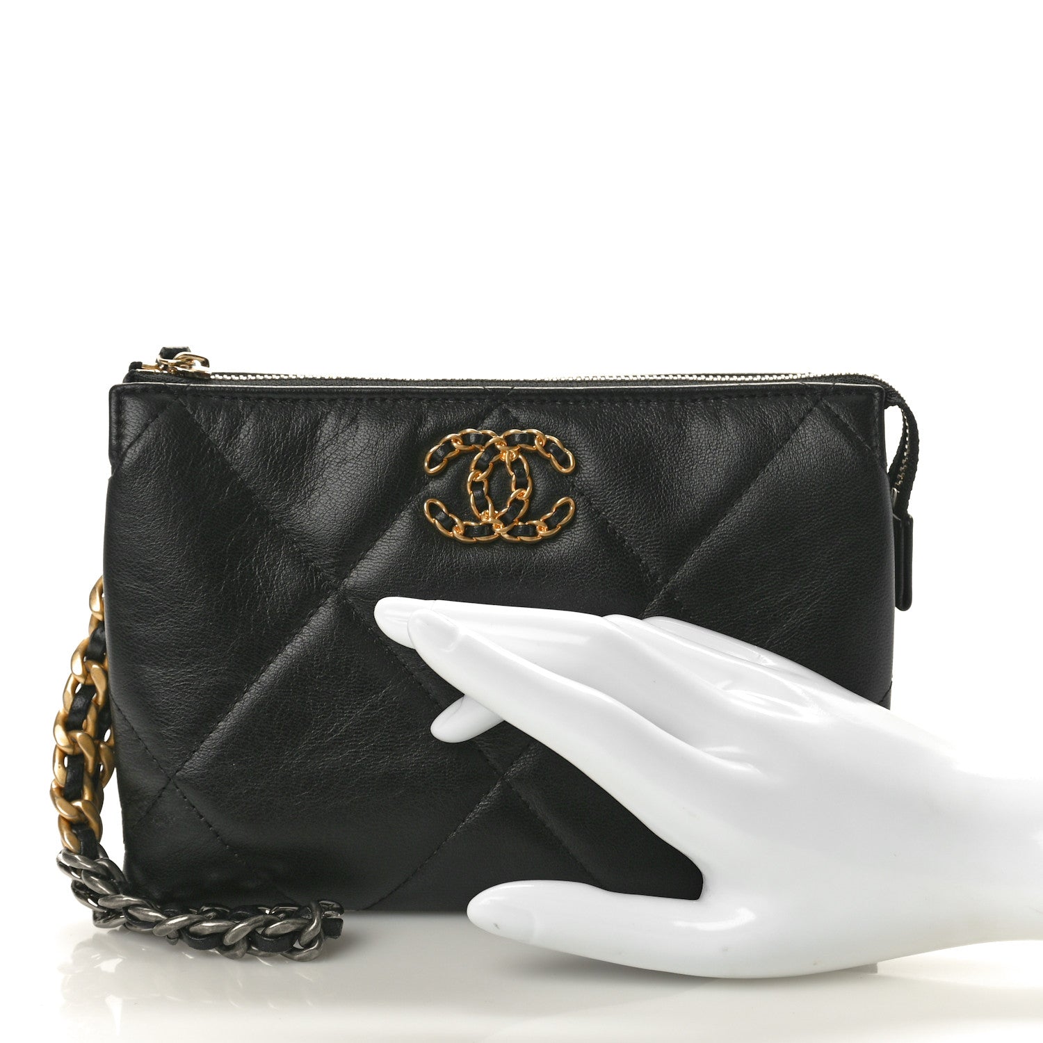 Chanel Shiny Goatskin Quilted Small Chanel 19 Pouch With Handle Black 2 of 8